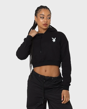 Playboy Women's Bunny O Crop Hoodie Black Insulated Comfort
