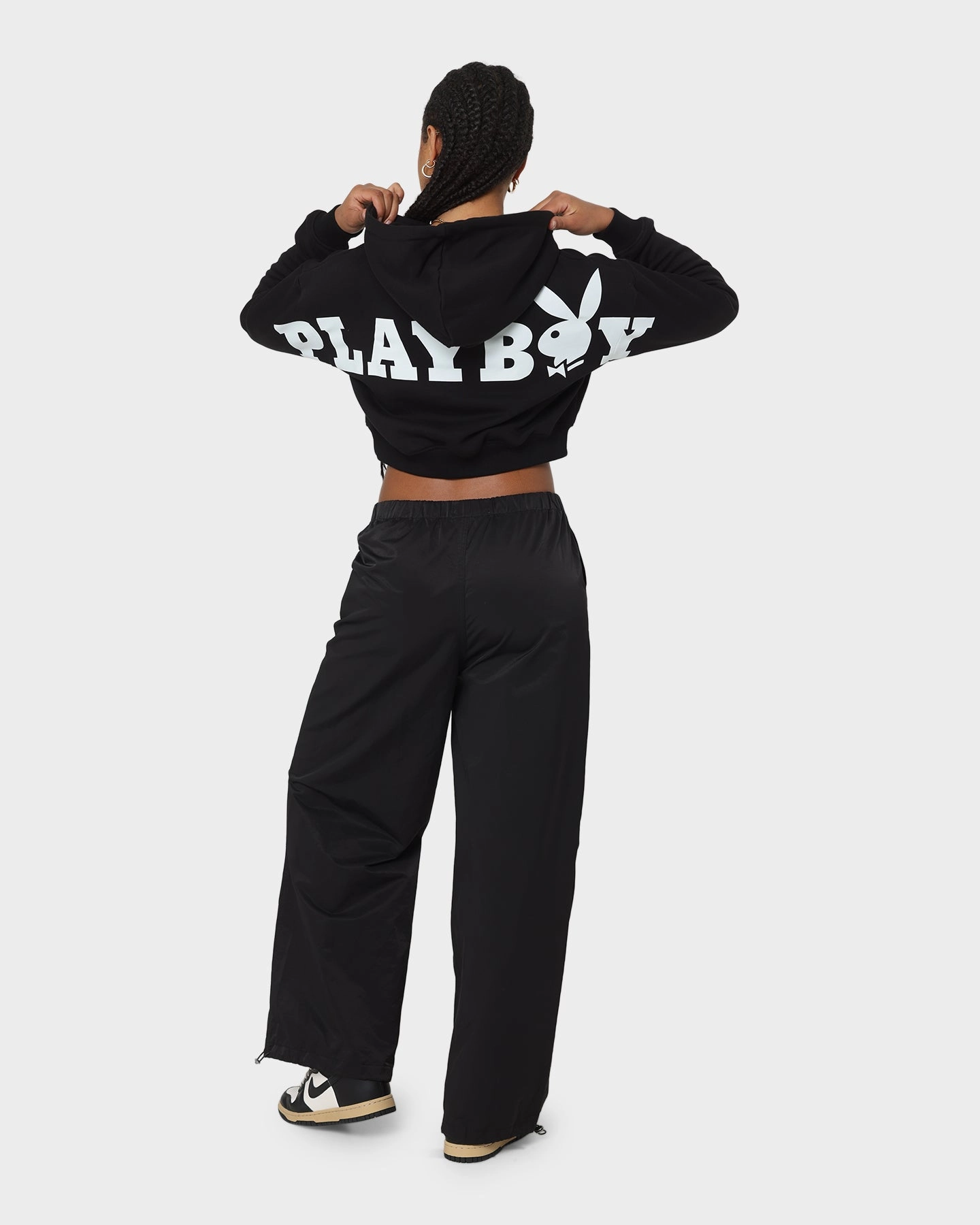 Playboy Women's Bunny O Crop Hoodie Black chest pockets High Collar Design