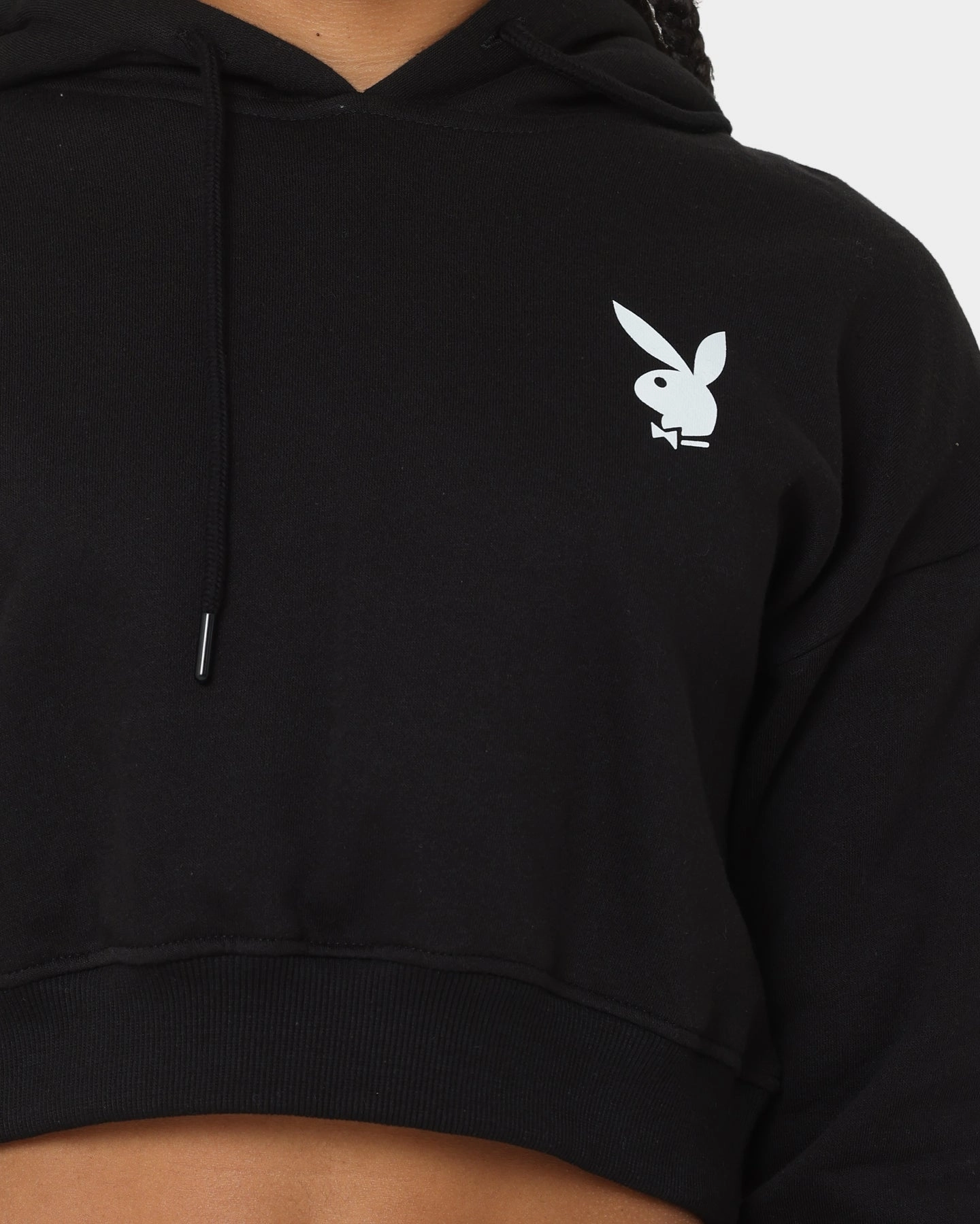 Playboy Women's Bunny O Crop Hoodie Black Stretch Comfort Internal Security Pocket