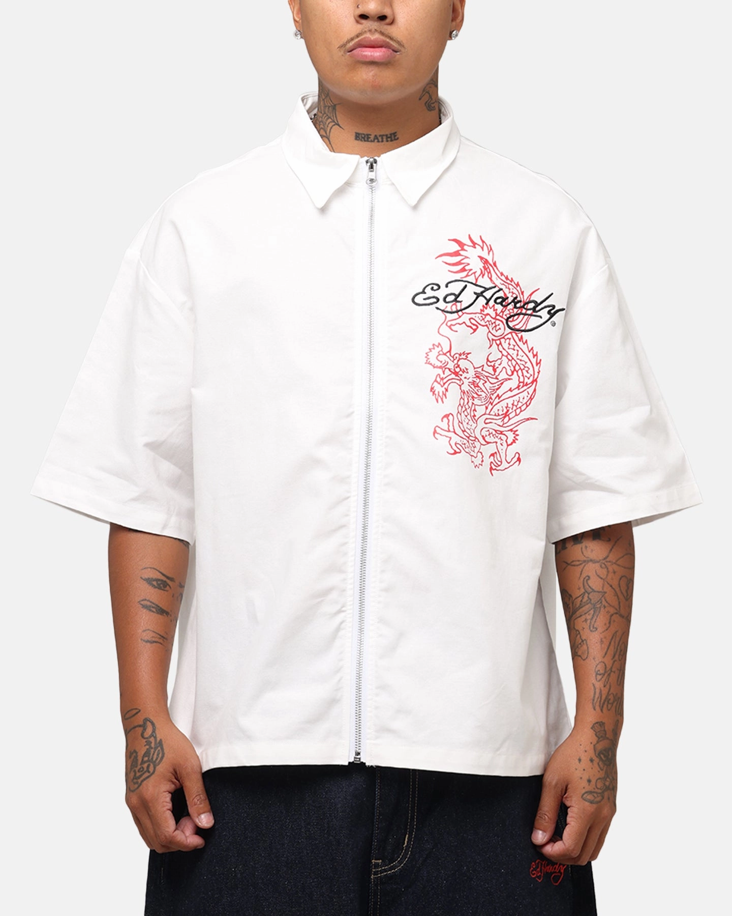Ed Hardy Dragon Zip Shirt Off White Durable Construction
