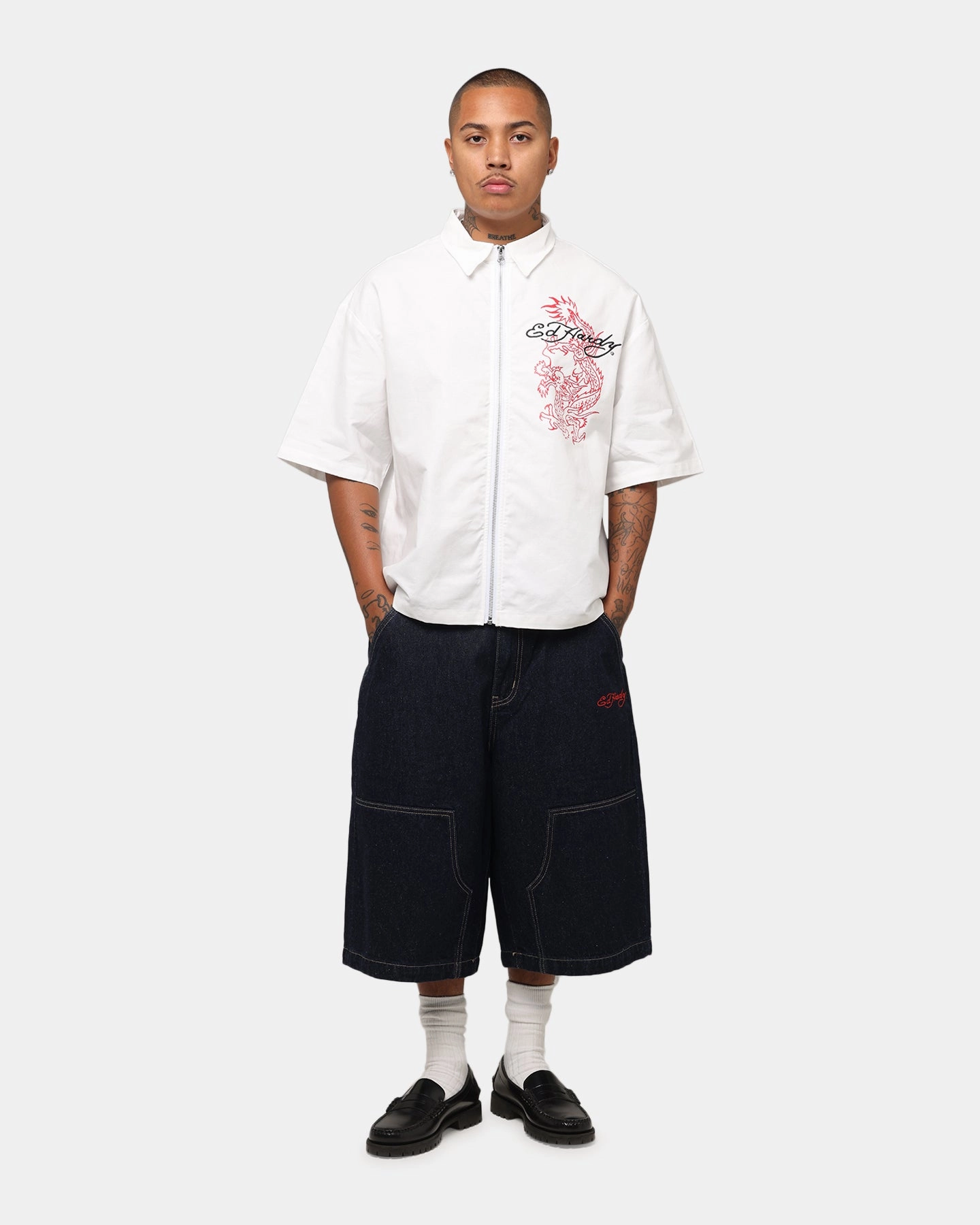 All Day Comfort Tech Anti Static Fabric Ed Hardy Dragon Zip Shirt Off White