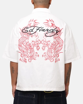 Ed Hardy Dragon Zip Shirt Off White Pullover Design Tailored Silhouette