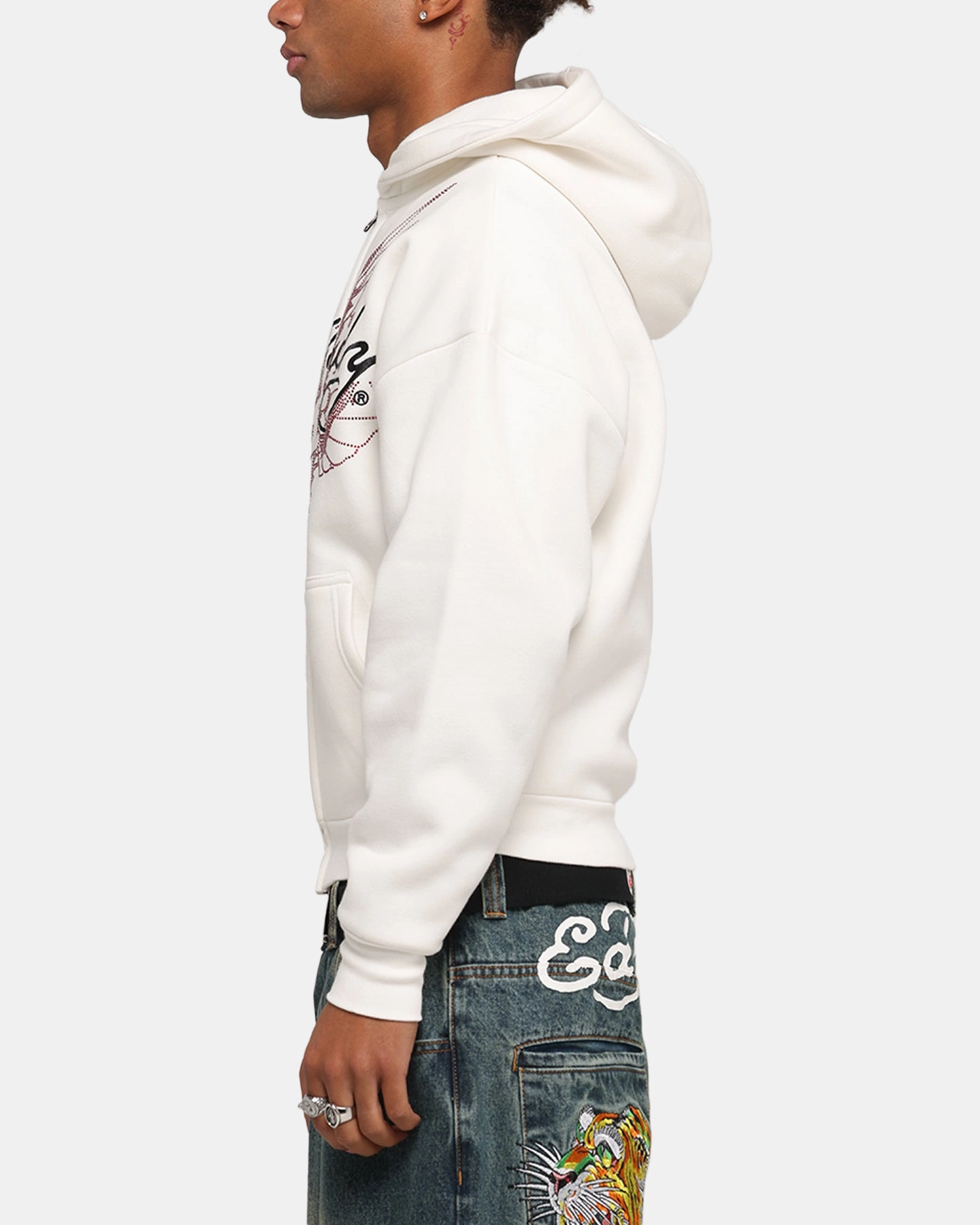 Mardi Gras wear Ed Hardy Eagle Rhinestone Zip Hoodie Off White