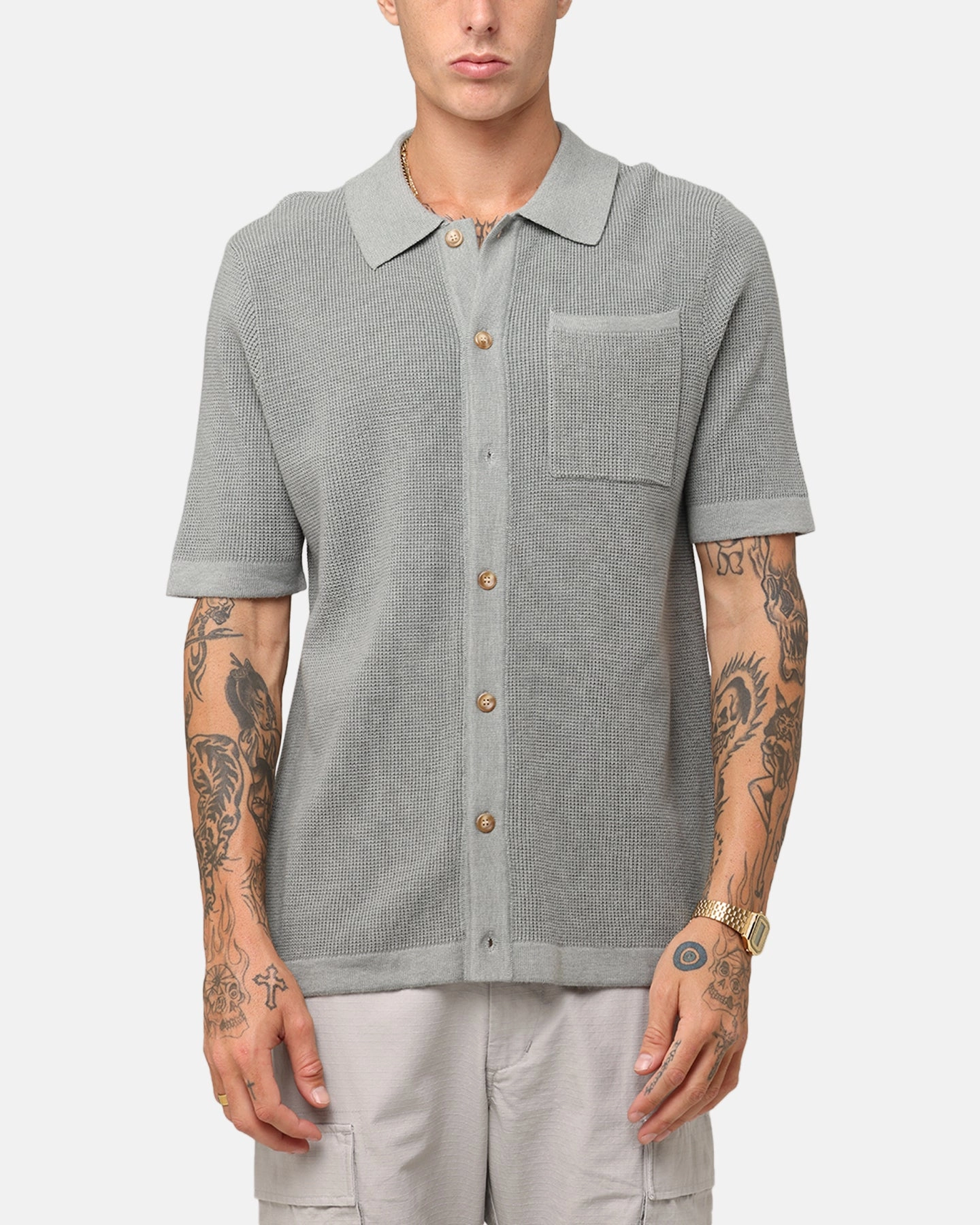 XXIII Zyair Knit Rib Button Up Shirt Olive color block