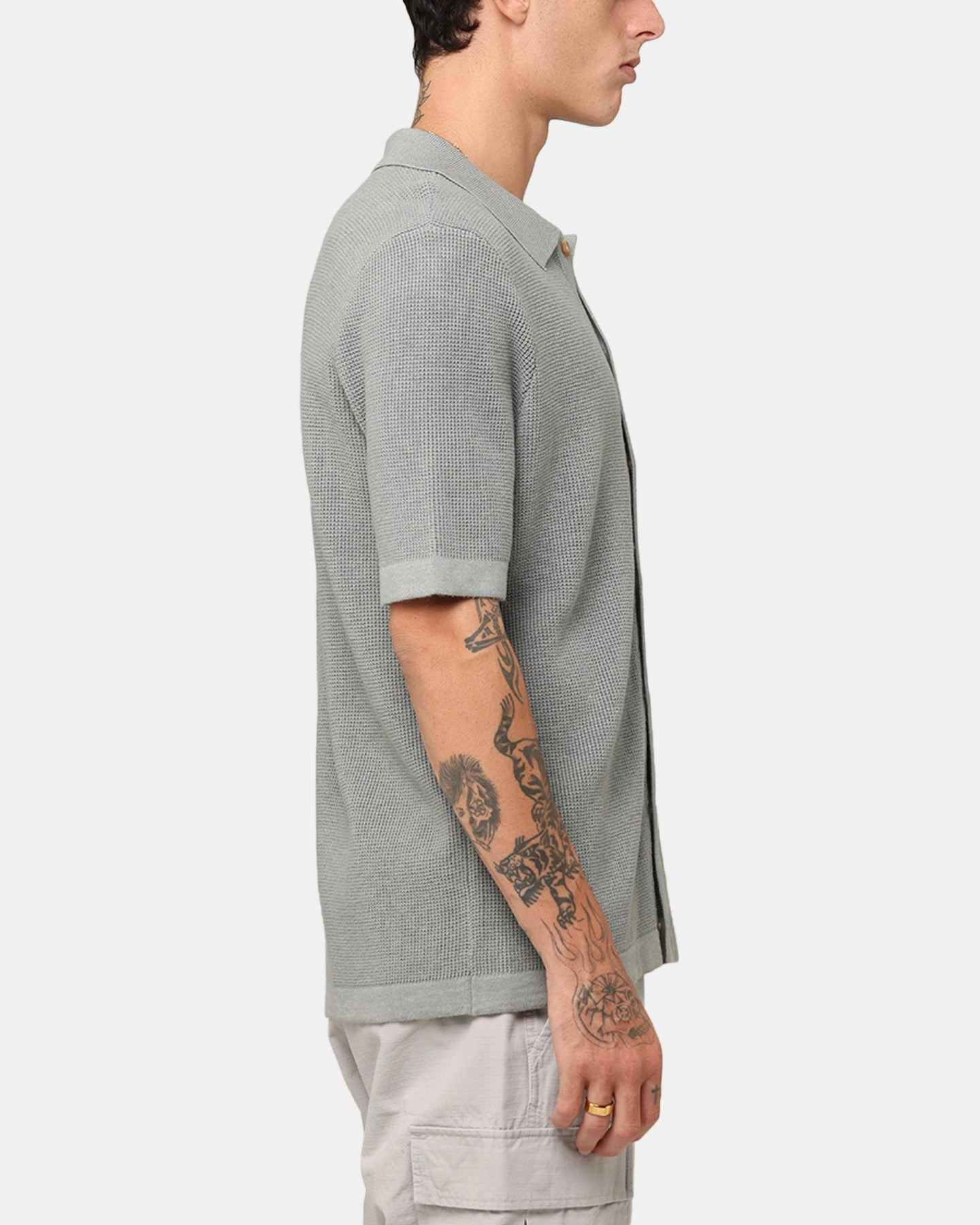 Subtle pattern XXIII Zyair Knit Rib Button Up Shirt Olive