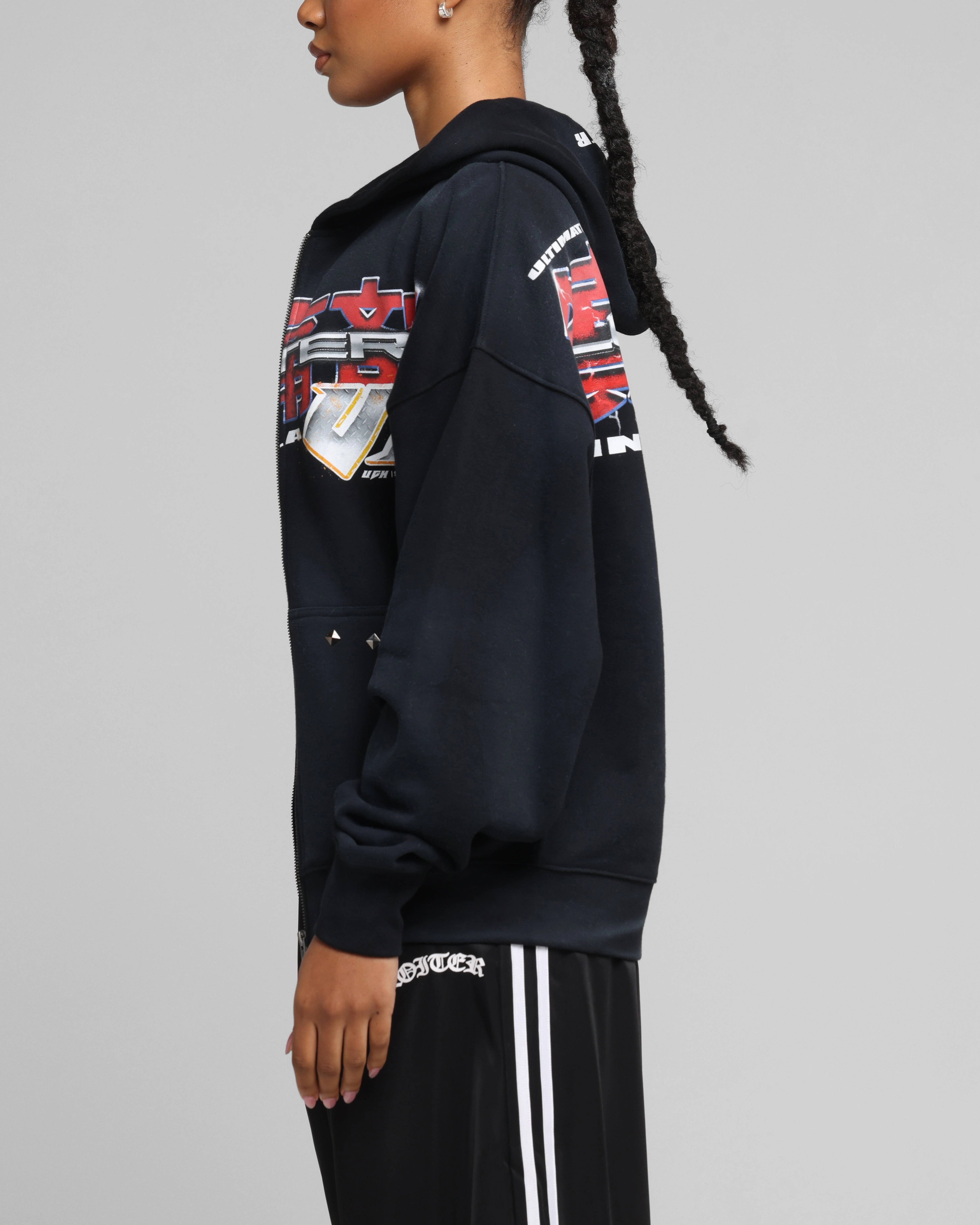 Loiter Fighter Zip Up Hoodie Washed Black Double Stitched Seams Urban Fit