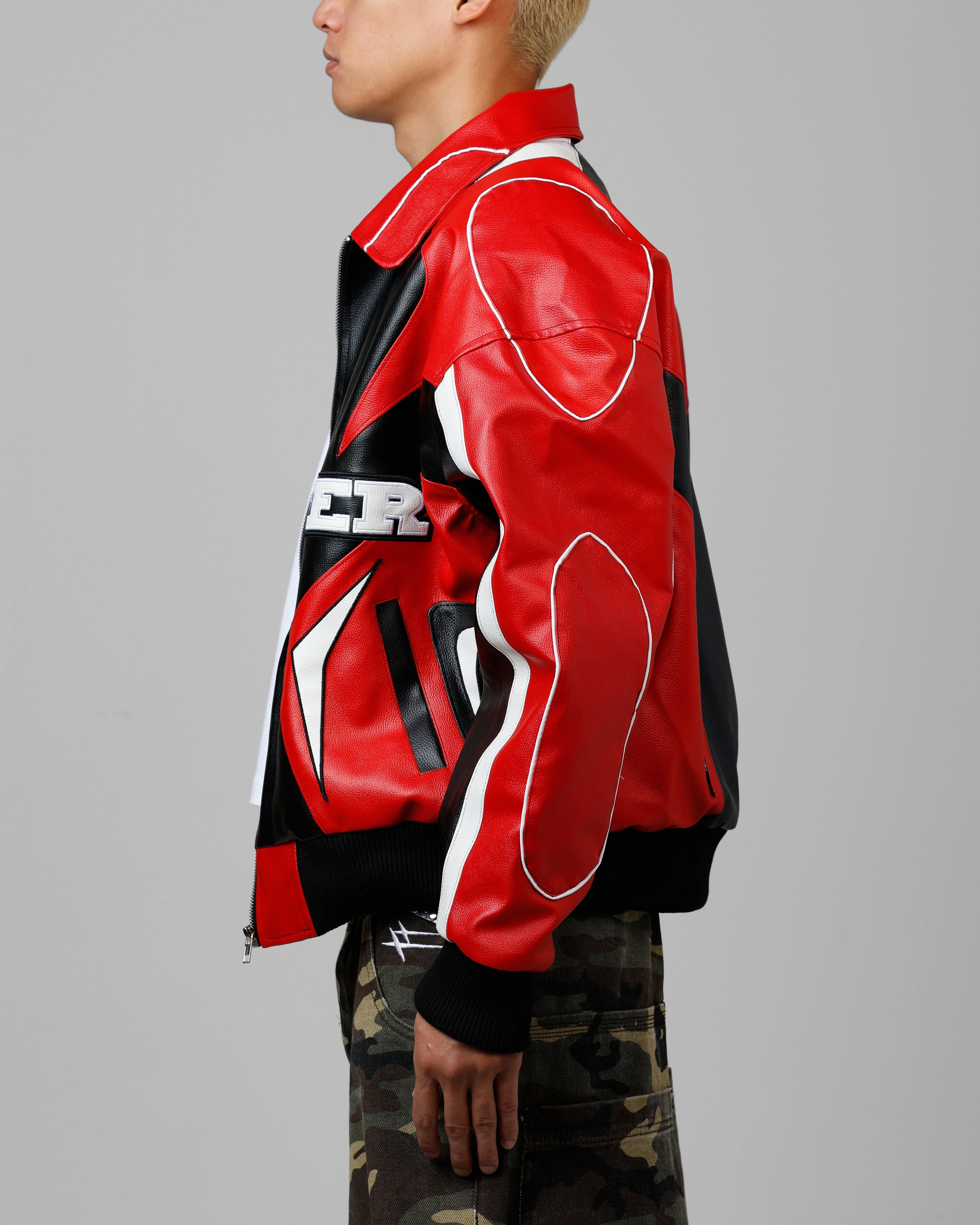 Loiter Racer Vegan Leather Jacket Red/Black Adore Slim Profile