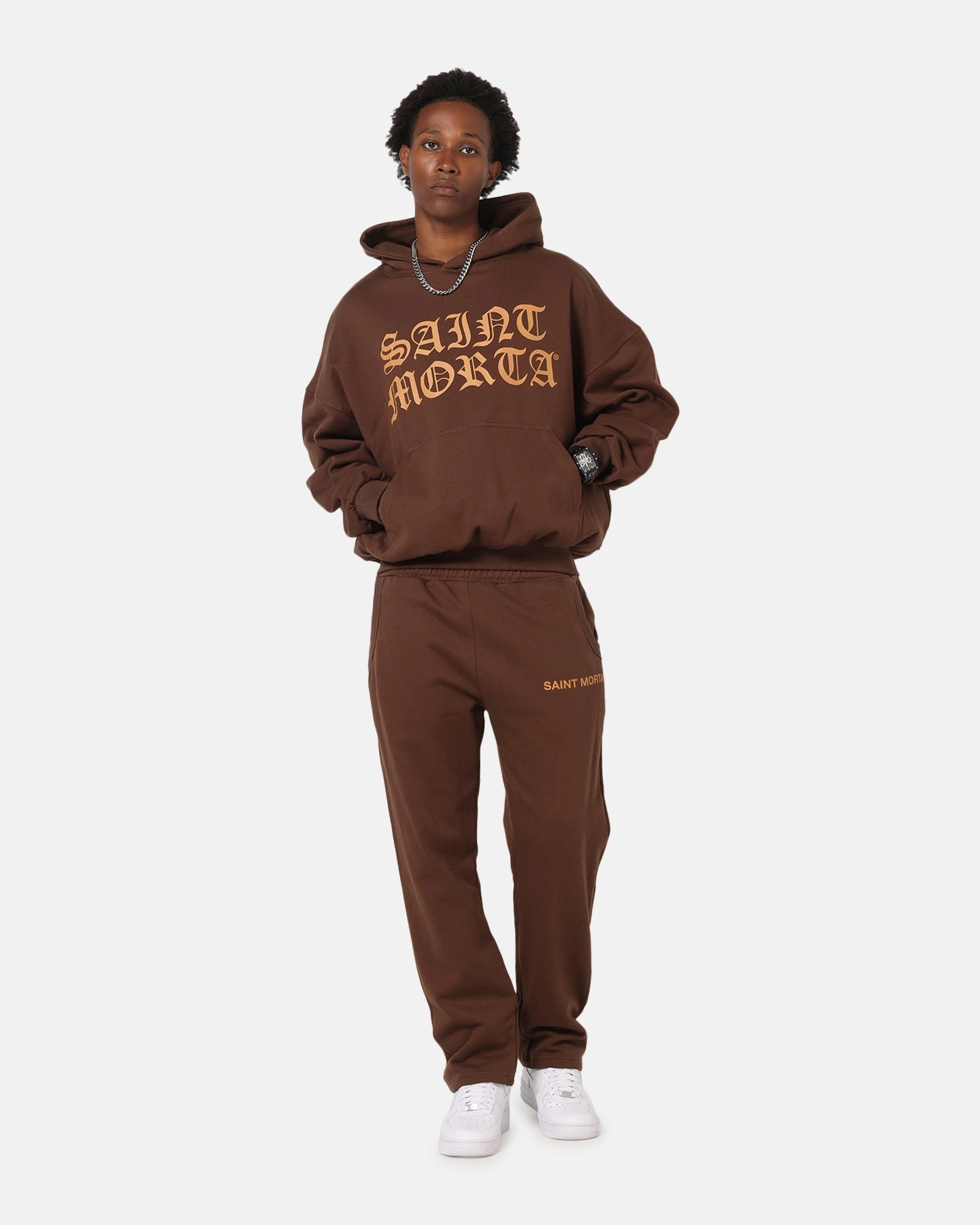 Saint Morta Sacred Script Hoodie Brown Mountain Wear Satin Finish