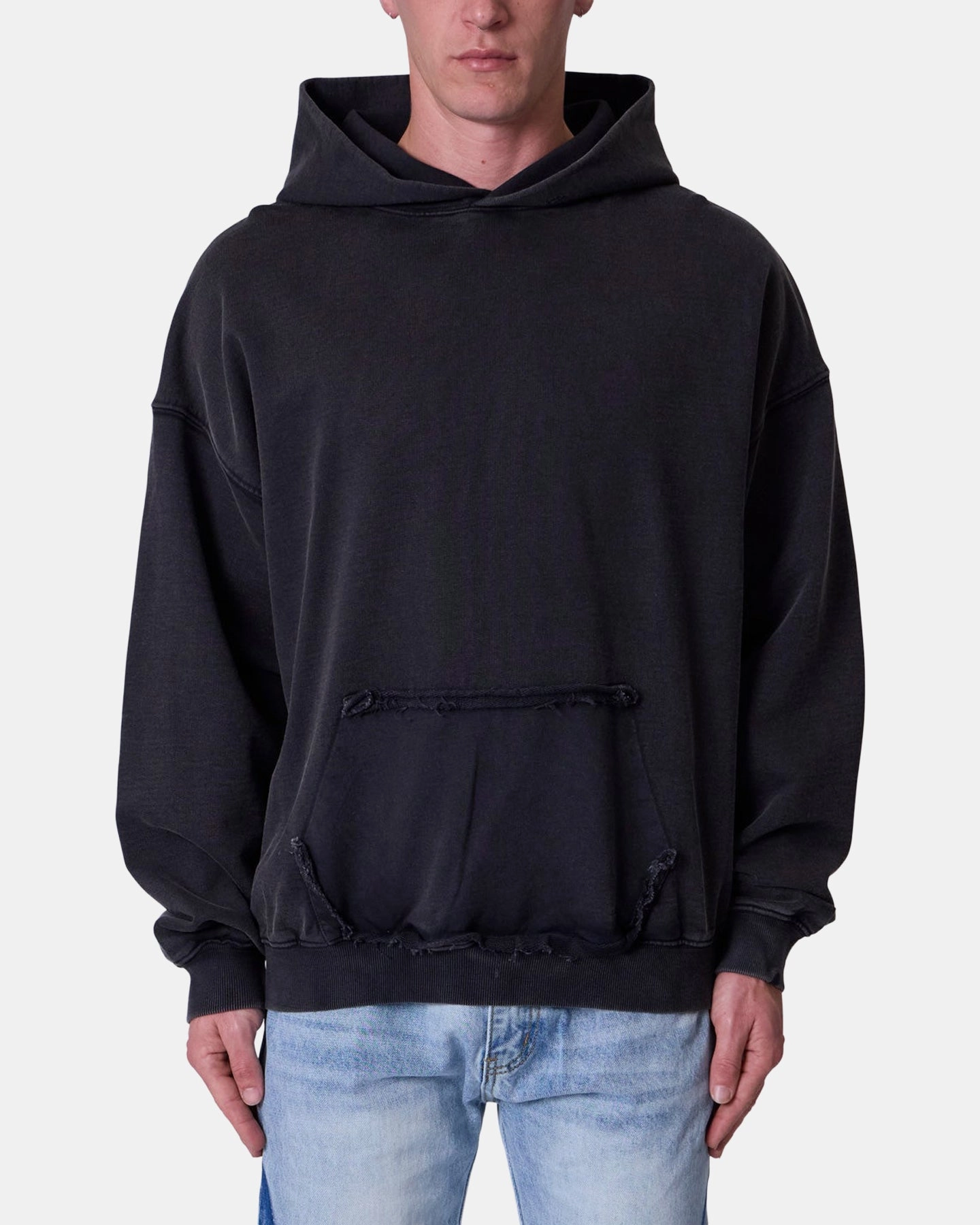 Button Closure Noise Reducing Fabric MNML Raw Stitch Hoodie Black
