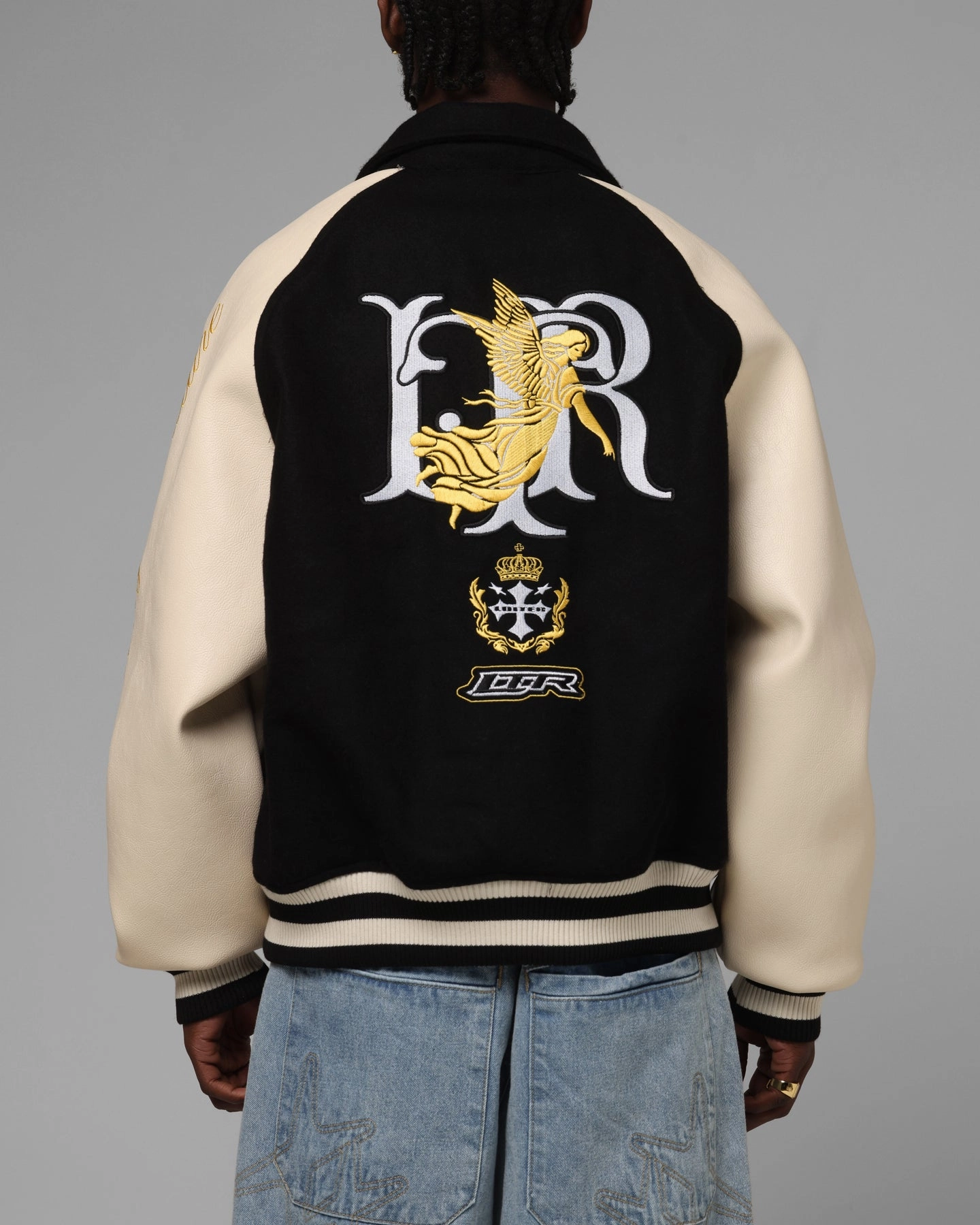 Loiter Heaven Varsity Jacket Black/Off White Perspective