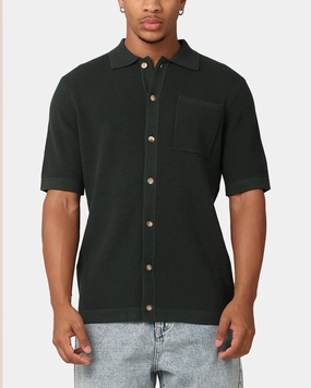 XXIII Zyair Knit Rib Button Up Shirt Dark Green Summer Vibes Sweat-Absorbing