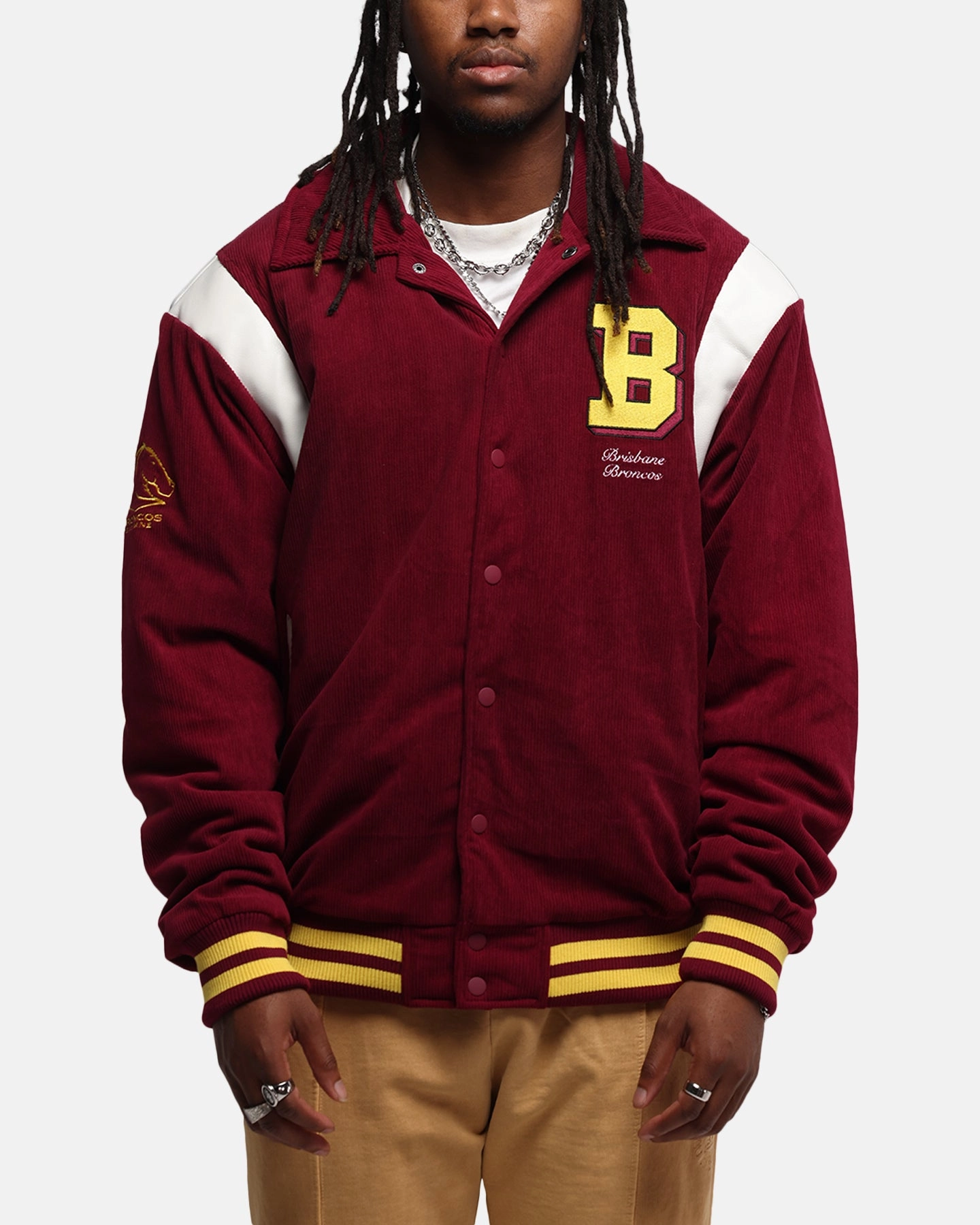 Tactile Response Fabric Bleacher Athletic Brisbane Broncos NRL 1908 Corduroy Varsity Jacket Official Team Colour