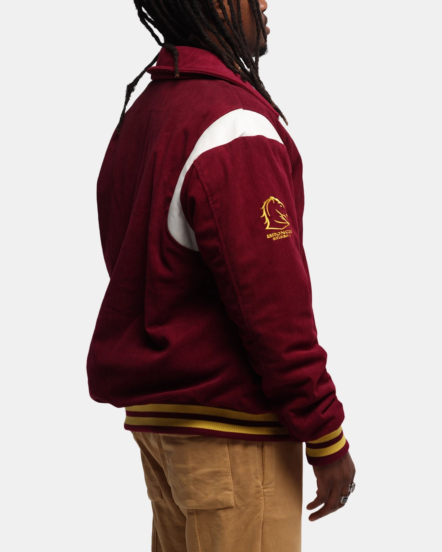 Bleacher Athletic Brisbane Broncos NRL 1908 Corduroy Varsity Jacket Official Team Colour Flexible Fit