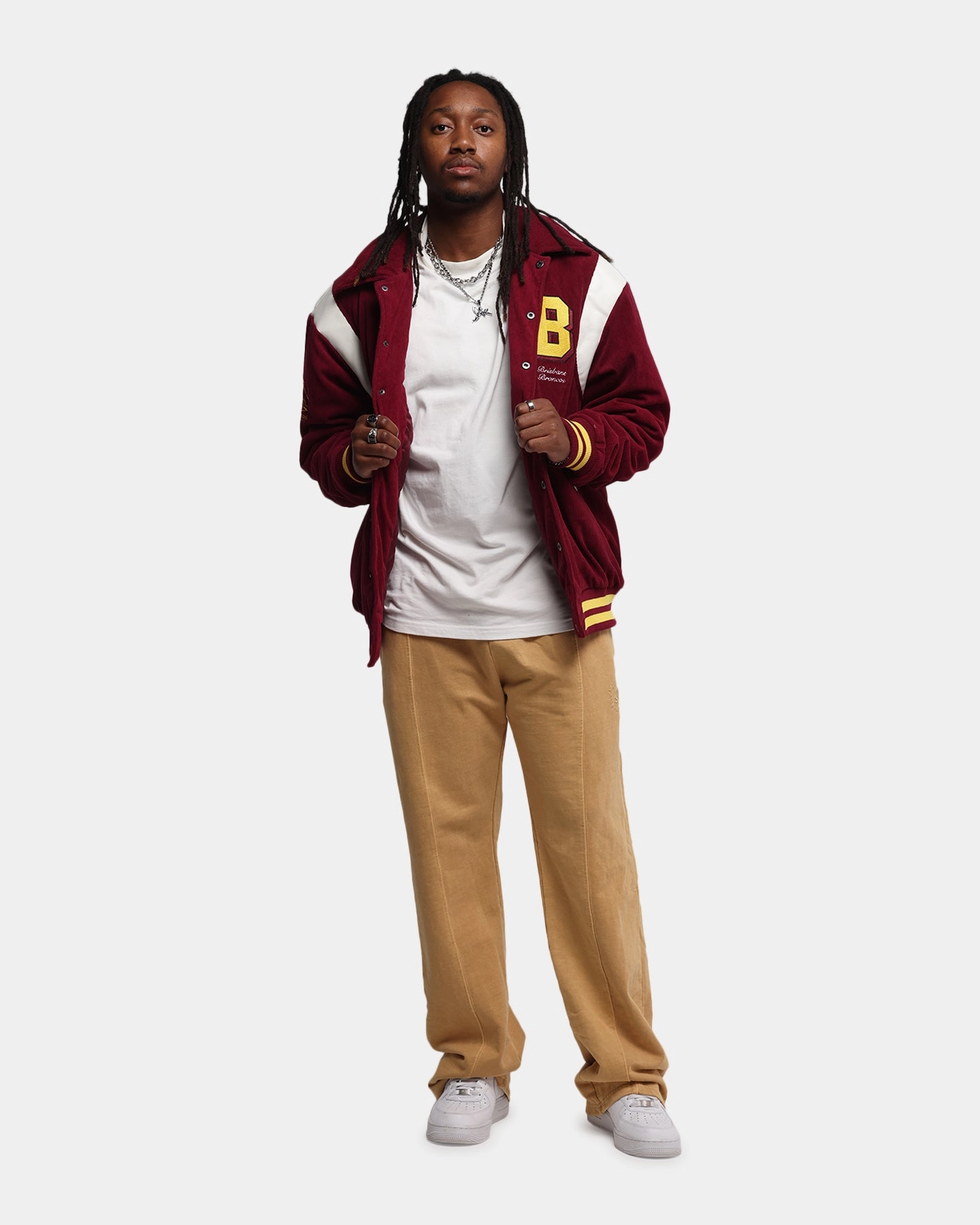 Clue New Year's Eve attire Bleacher Athletic Brisbane Broncos NRL 1908 Corduroy Varsity Jacket Official Team Colour