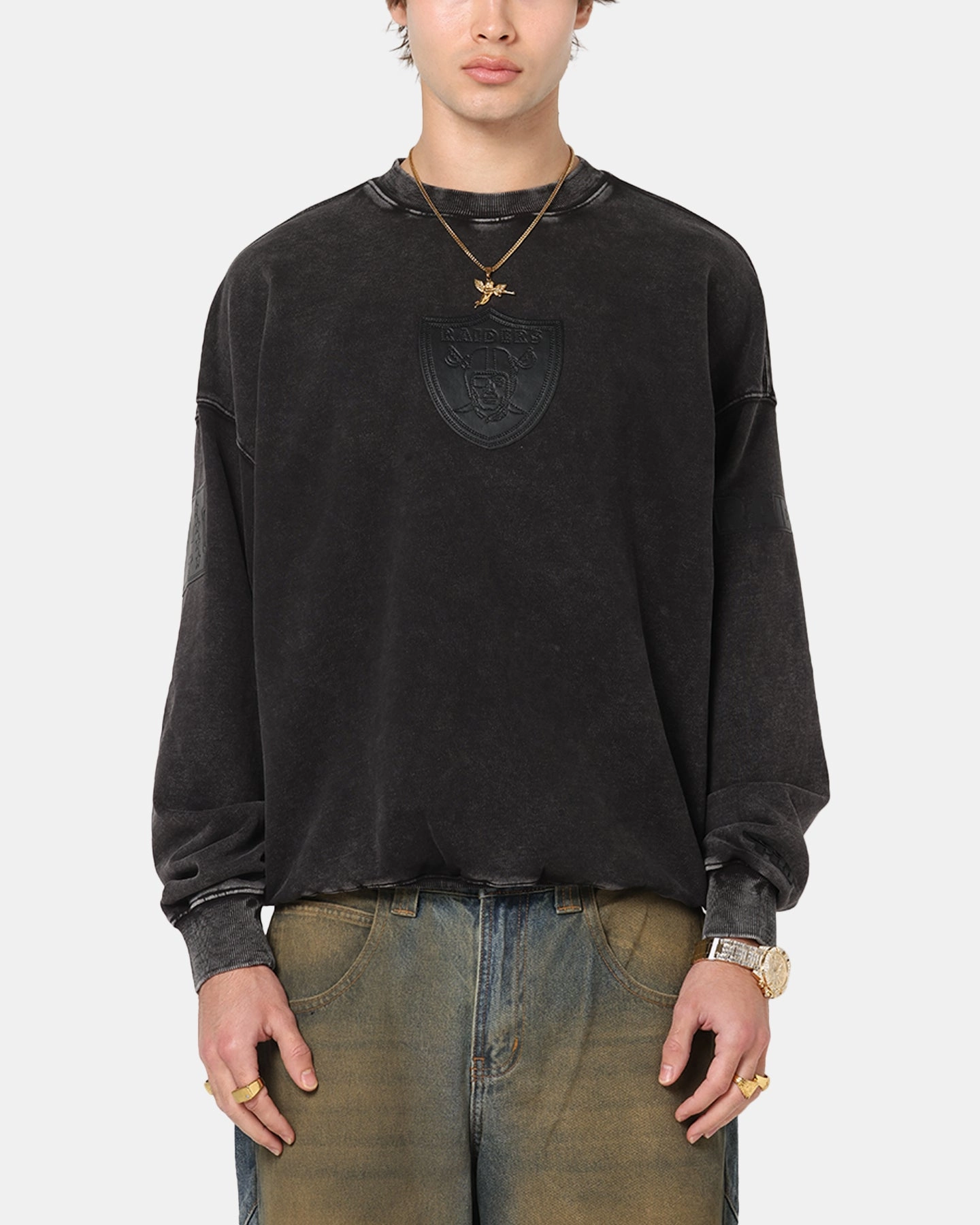 Comfy Knit Layer Pro Standard Las Vegas Raiders 'Wash Vanguard' Fleece Crewneck Washed Black