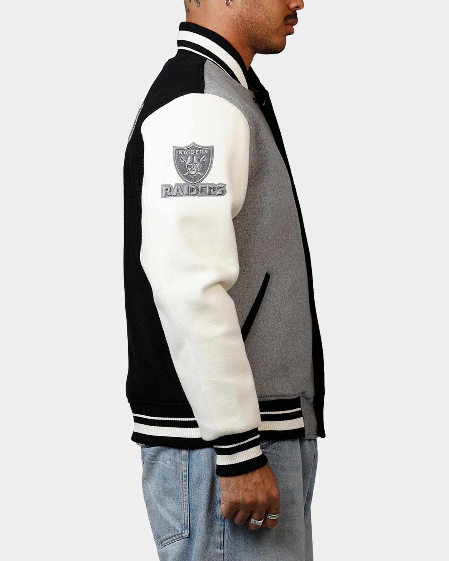 Abrasion Resistant Material Pro Standard Las Vegas Raiders Reverse French Terry Wool Varsity Jacket Black/Grey