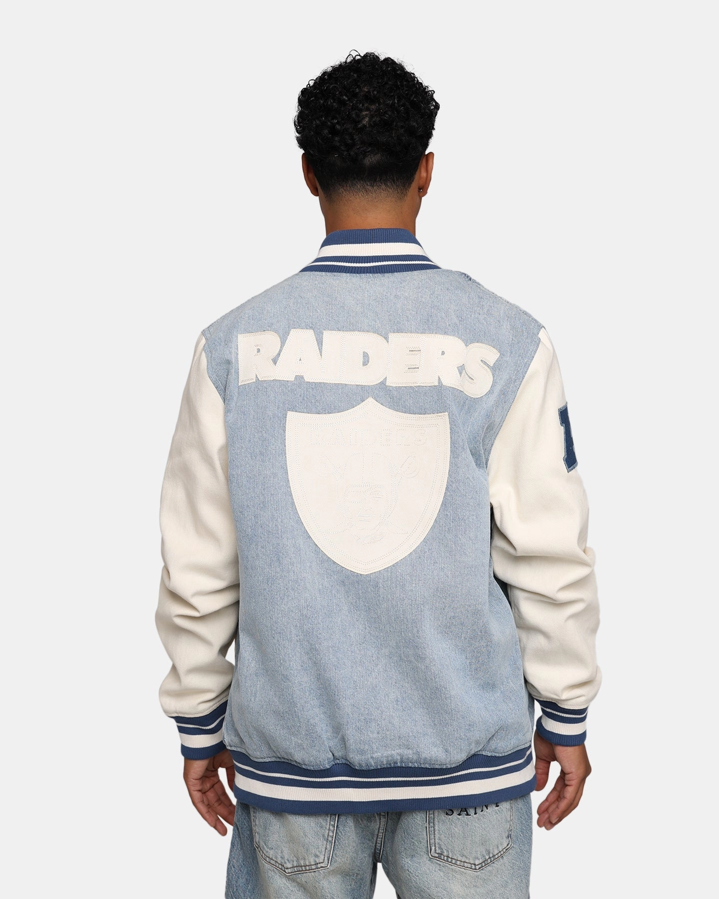 Oversized Fit Pro Standard Las Vegas Raiders Varsity Denim Jacket Denim/Linen