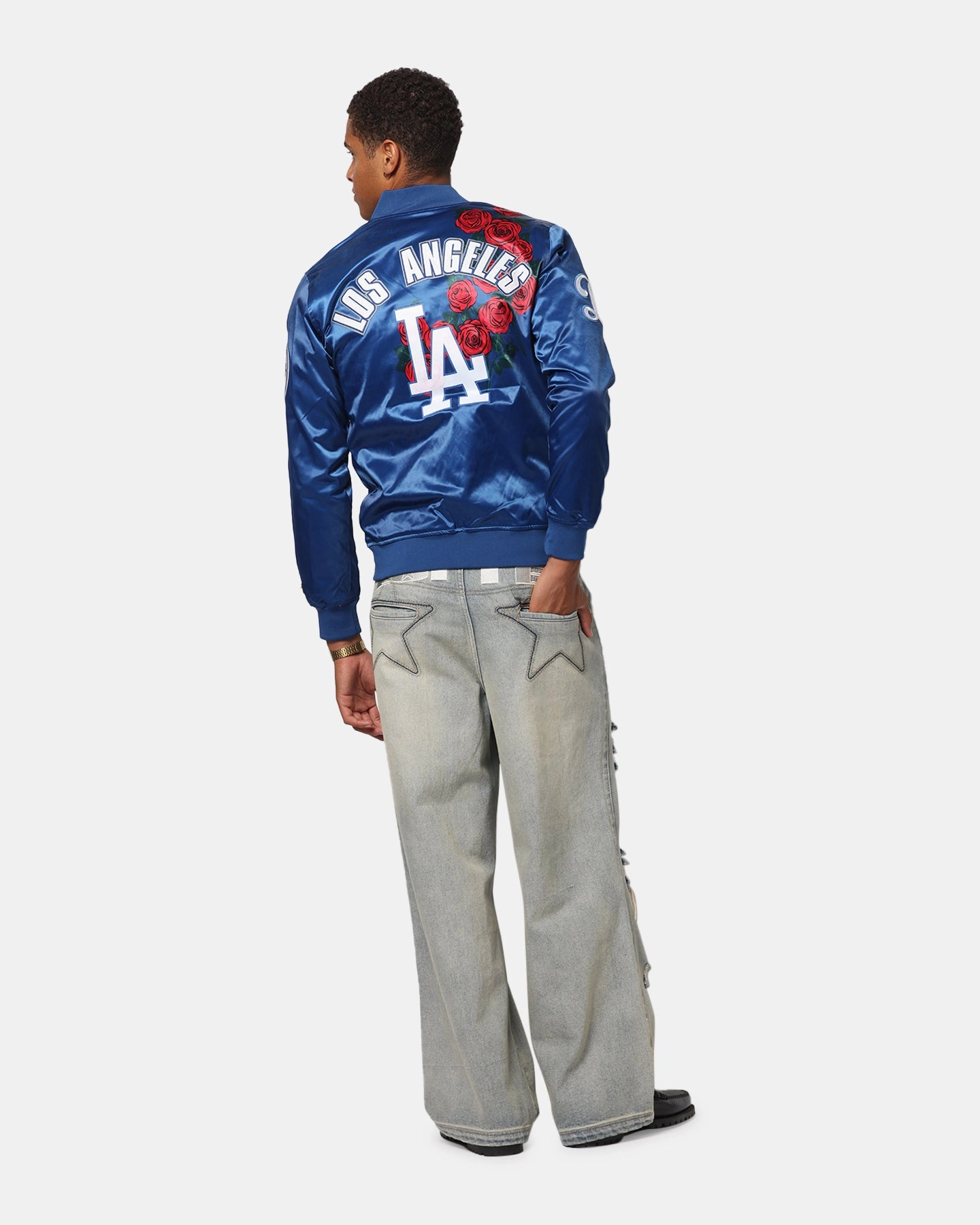 Pro Standard Los Angeles Dodgers Roses Satin Jacket Dark Blue Quick Dry Fabric Solid Color