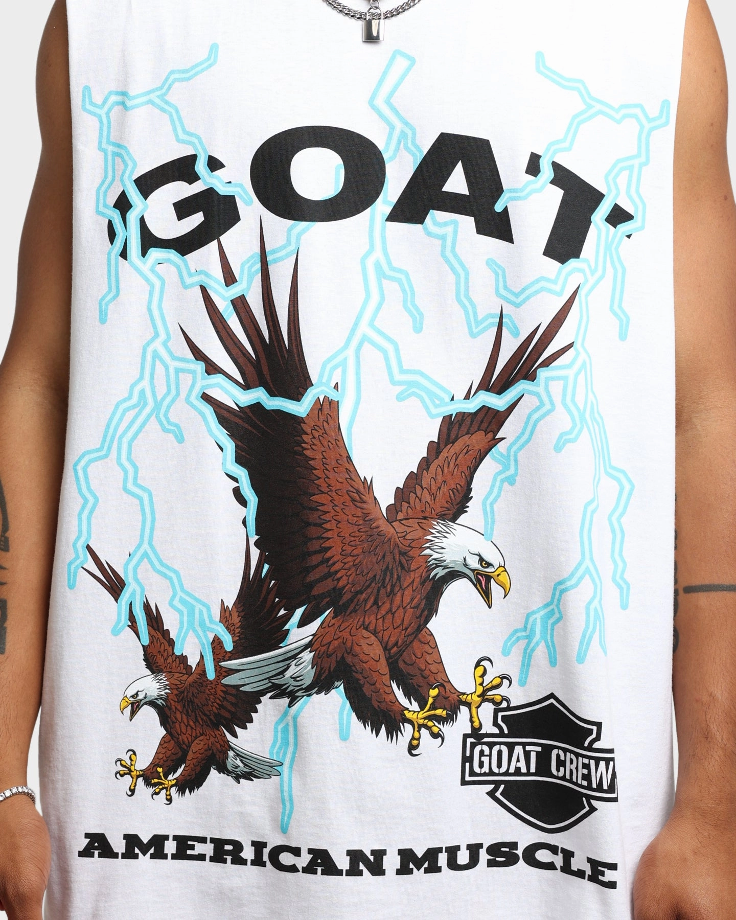 Wrinkle Resistant Taped Neckline Goat Crew American Muscle Muscle T-Shirt White