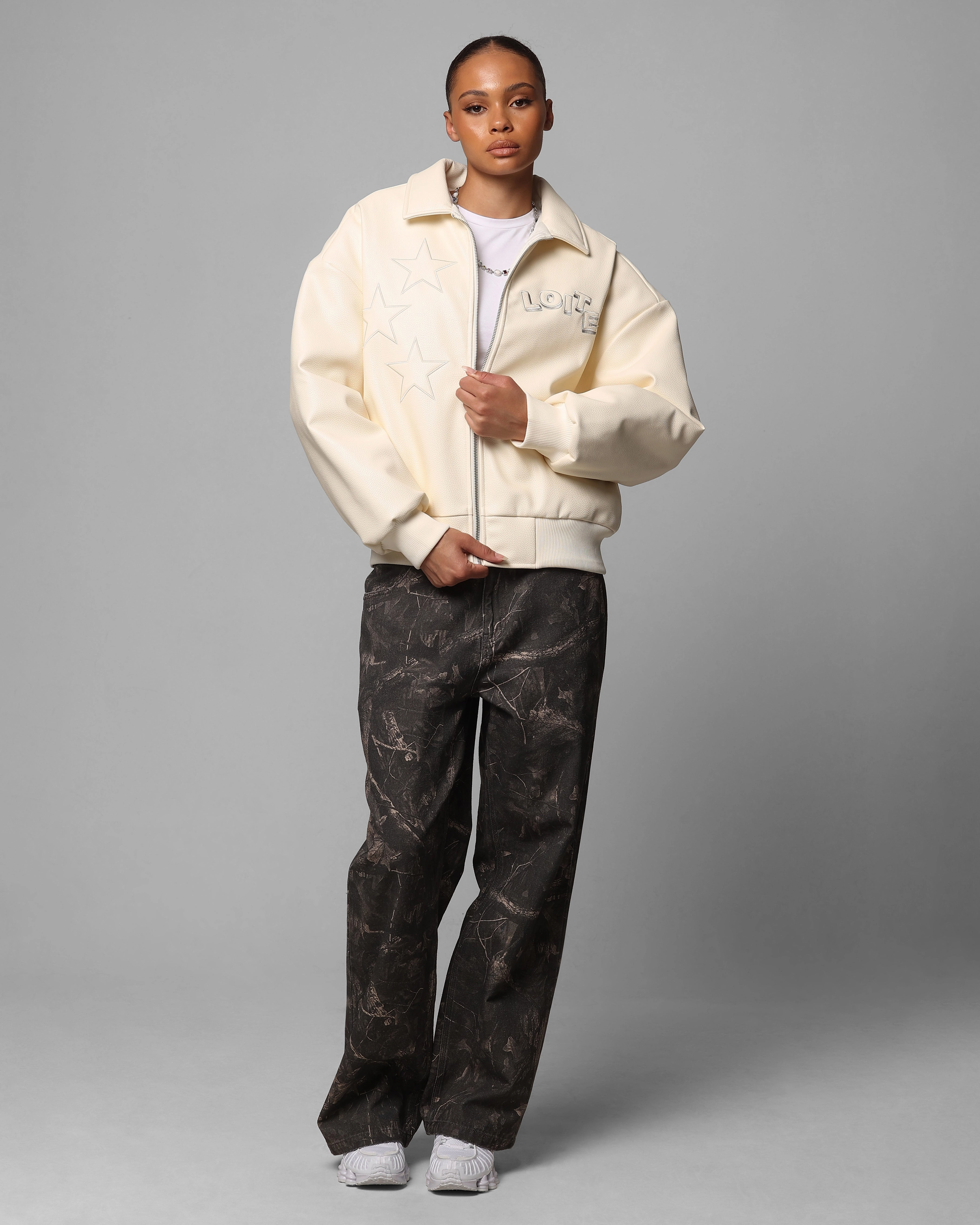 Event rehearsal Loiter Solar Vegan Leather Varsity Jacket Beige