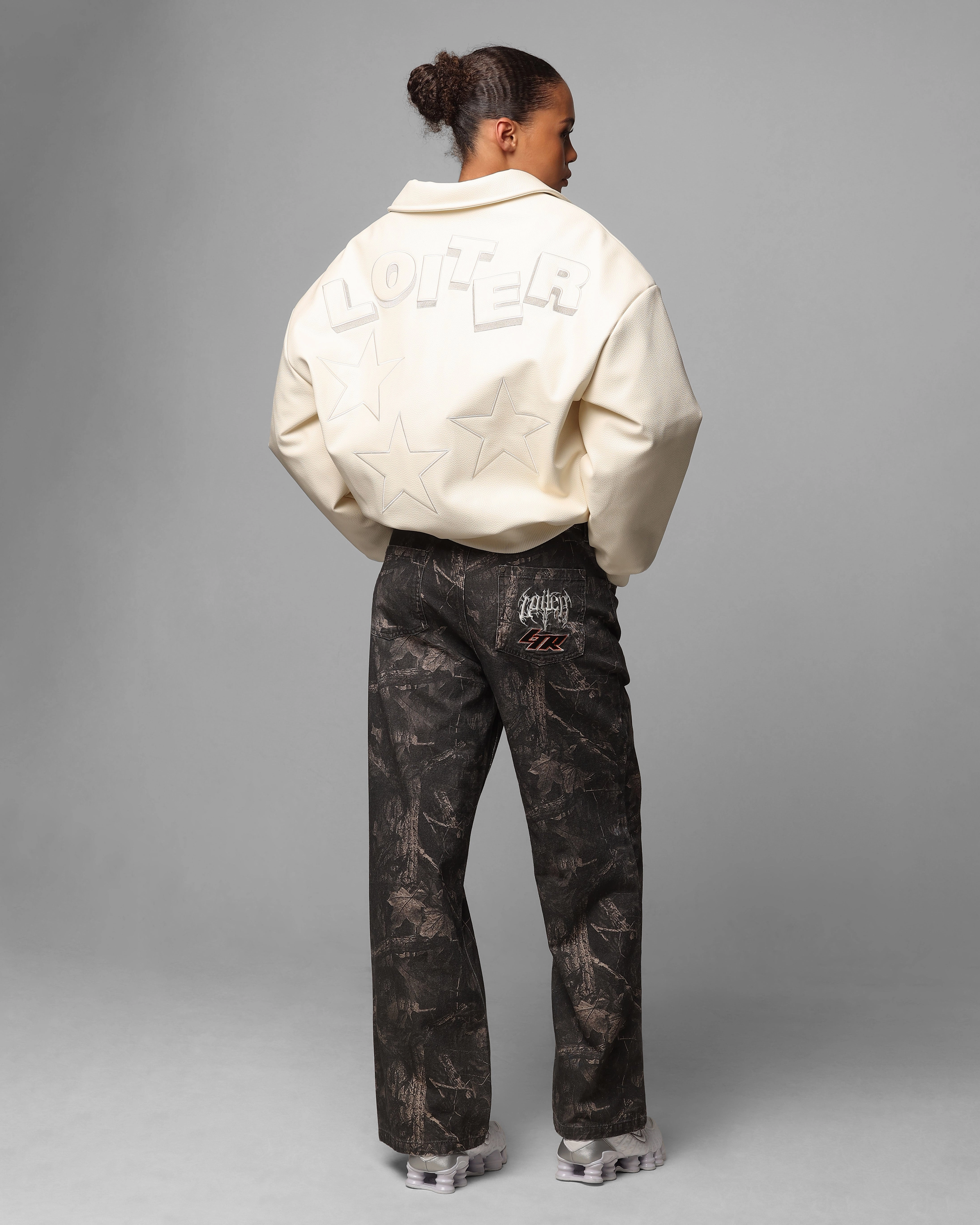 nurses Loiter Solar Vegan Leather Varsity Jacket Beige