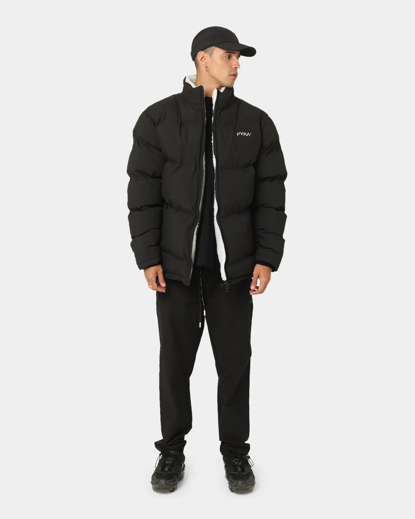 Knee Length Convertible Features PYRA Sherpa Puffa Jacket Black/White