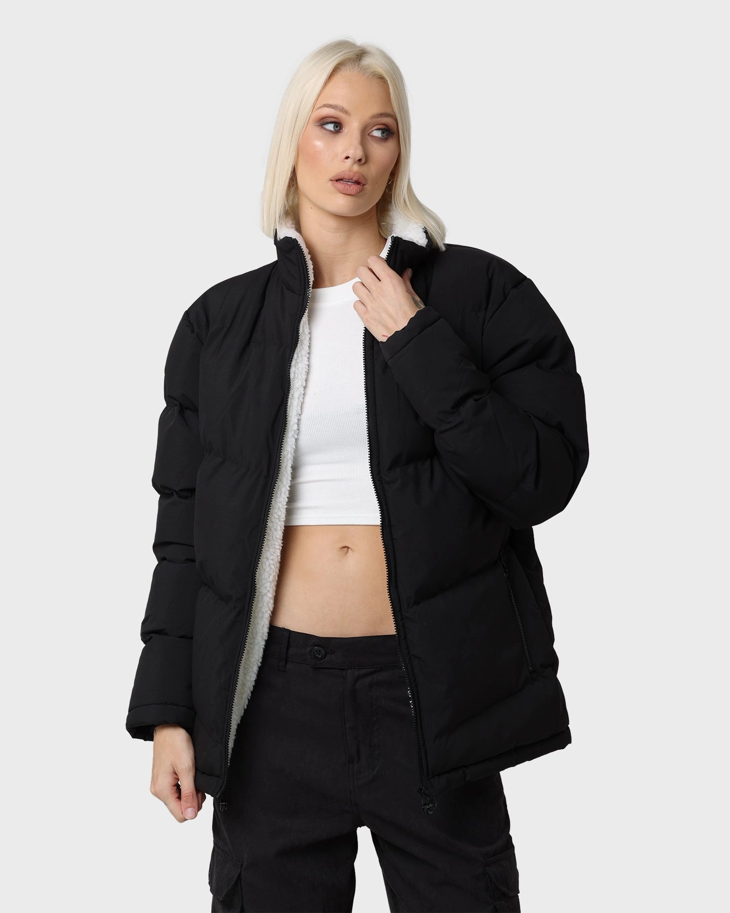 PYRA Sherpa Puffa Jacket Black/White Seamless Edging Gel