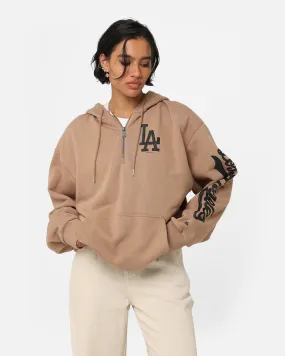 Weather Fit Airtight Storage Compartment New Era Los Angeles Dodgers Quarter Zip Sleeve Script Hoodie Khaki/Black