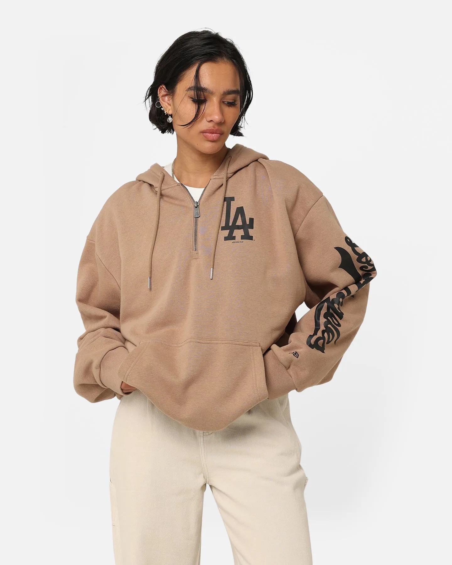 Weather Fit Airtight Storage Compartment New Era Los Angeles Dodgers Quarter Zip Sleeve Script Hoodie Khaki/Black
