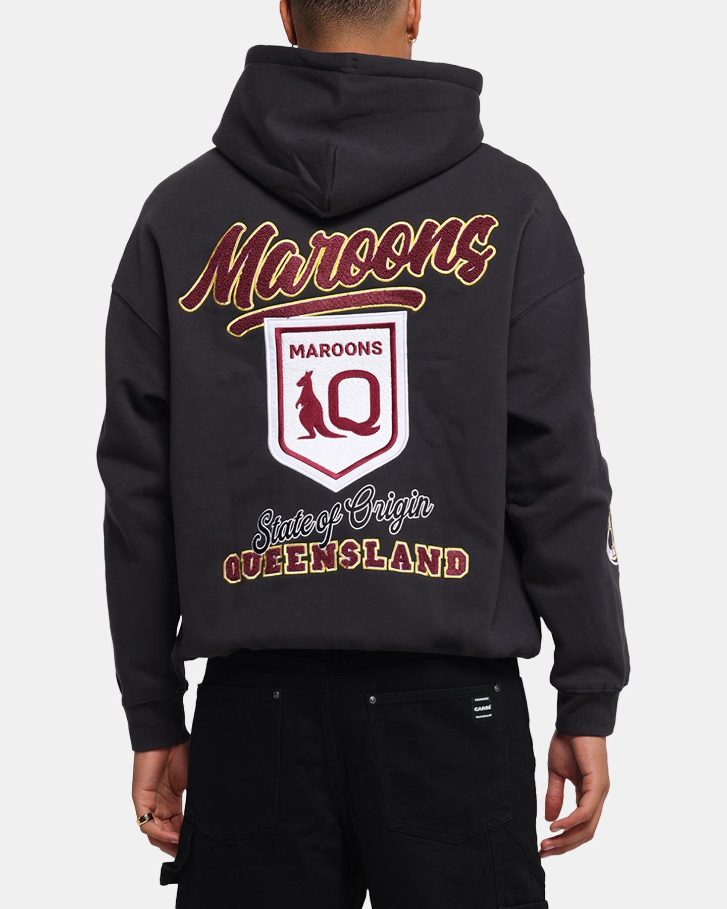 Queensland Rugby League Queensland Maroons State Of Origin Hoodie Faded Black Articulated Elbows Water Resistant Shell