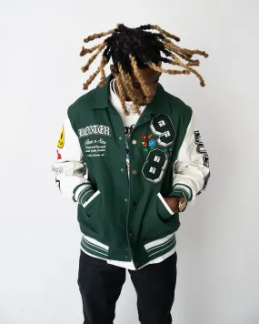 cold - weather essential Loiter Flaws Varsity Jacket Green/Off White