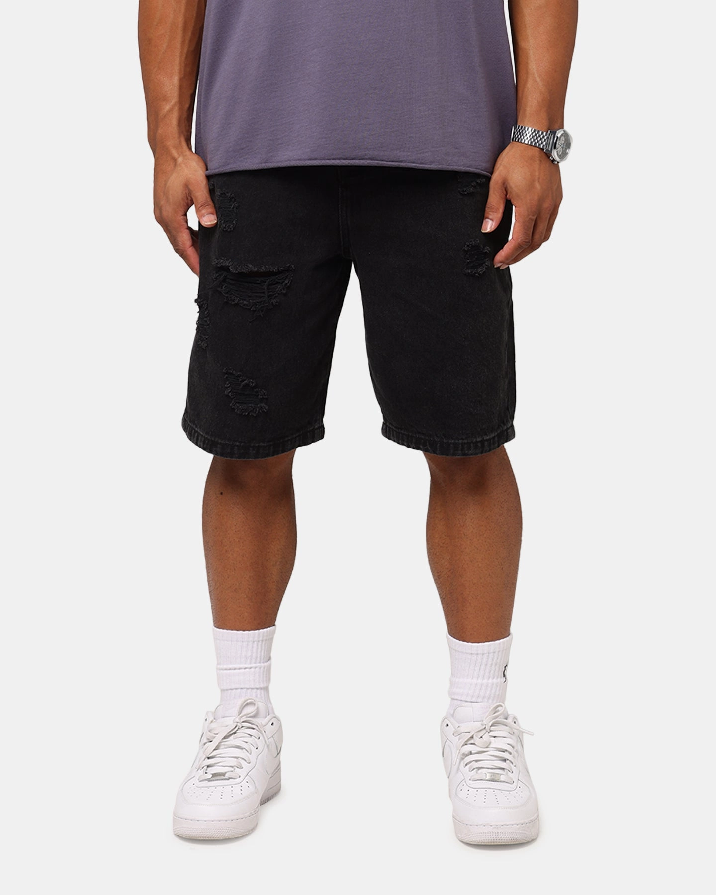 Saint Morta Disrupt Denim Shorts Washed Black Lightweight Material Light Reflective Trim