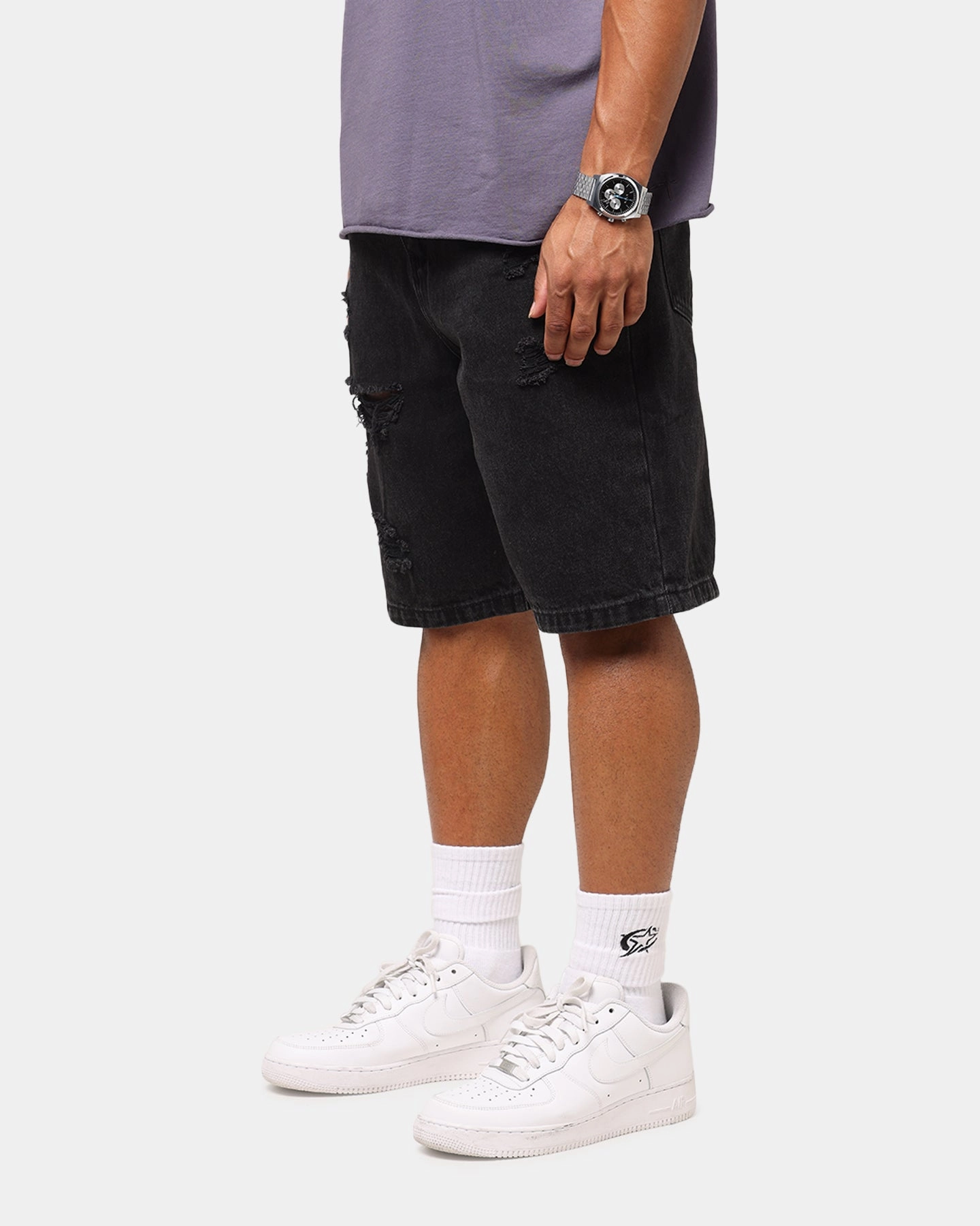 Ultra Soft Waistband Weekend Casual Saint Morta Disrupt Denim Shorts Washed Black