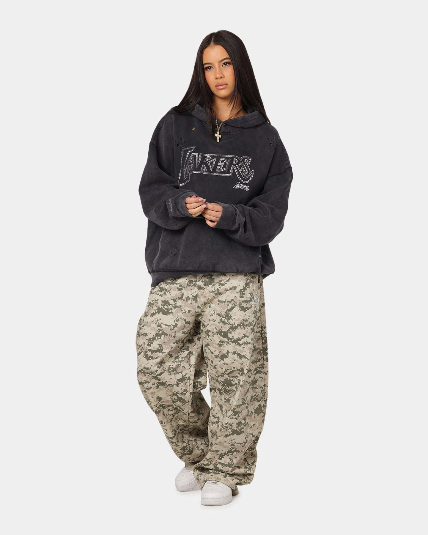 Street Vibe Mitchell & Ness Los Angeles Lakers Distressed Rhinestone Logo Hoodie Faded Black