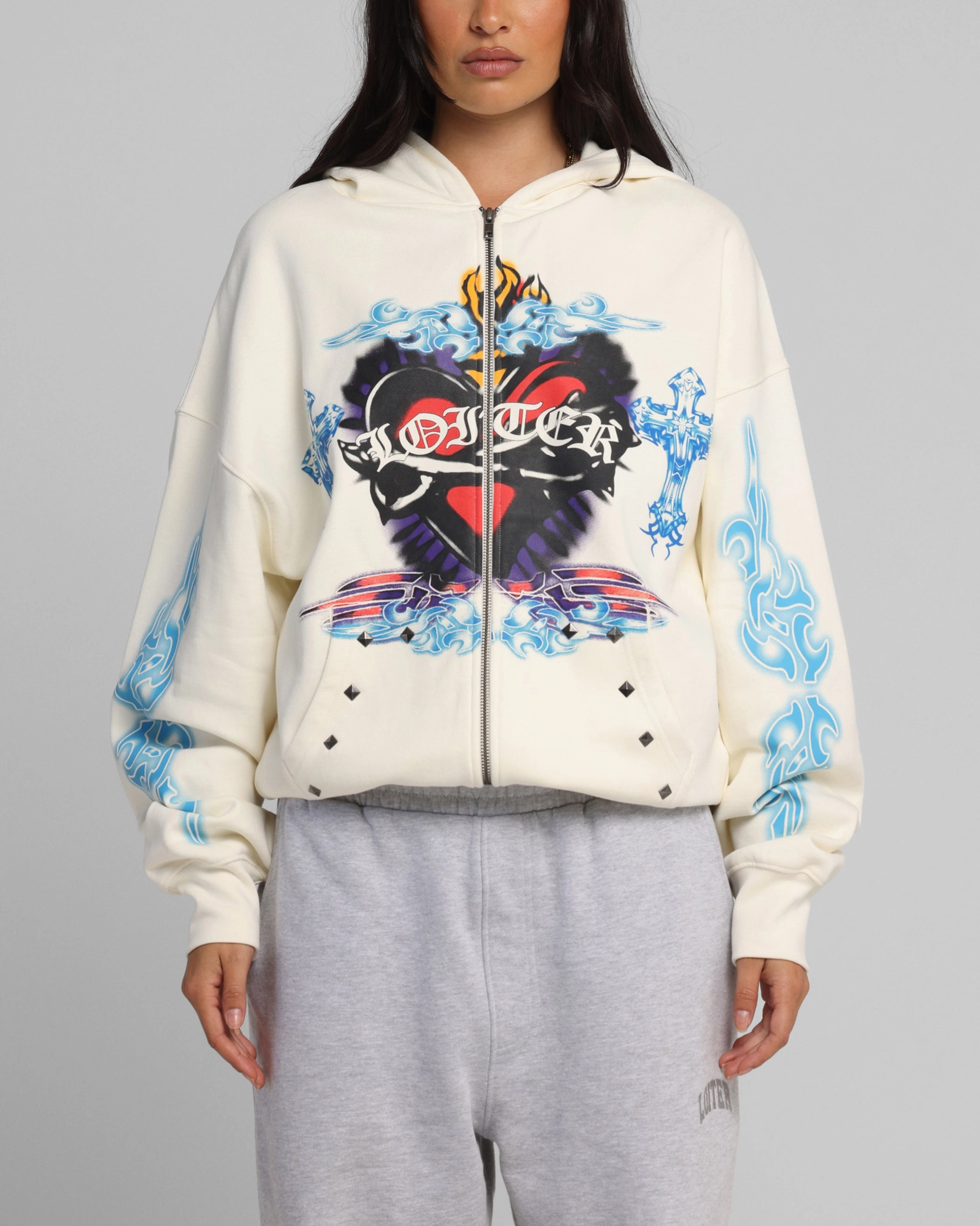 Minimal Comfort Skate Inspired Loiter Hearts Zip Hoodie Off White