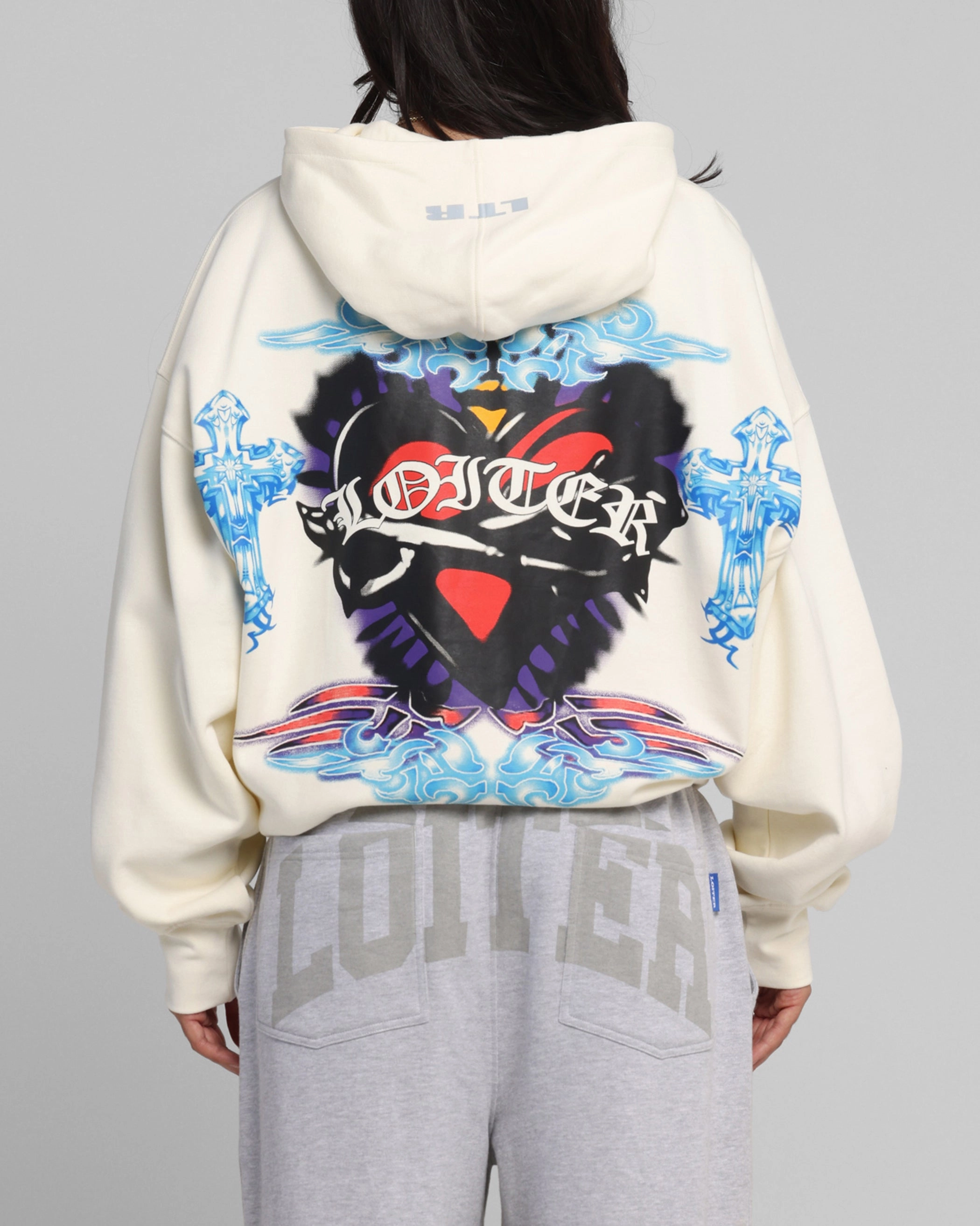 Floral Print Loiter Hearts Zip Hoodie Off White