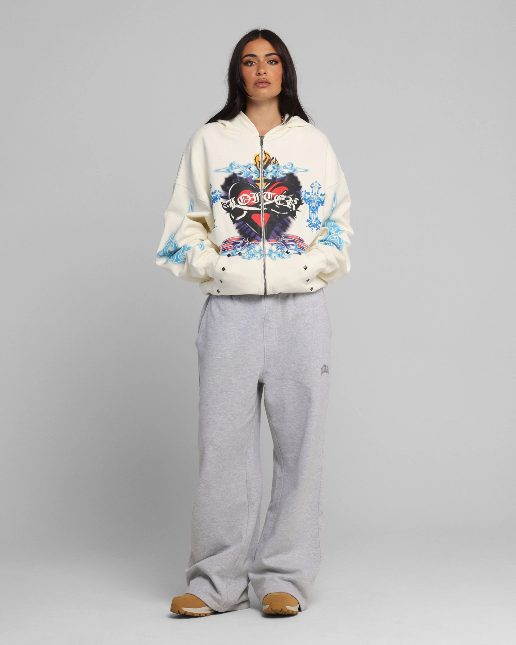 Winter Energy Loiter Hearts Zip Hoodie Off White