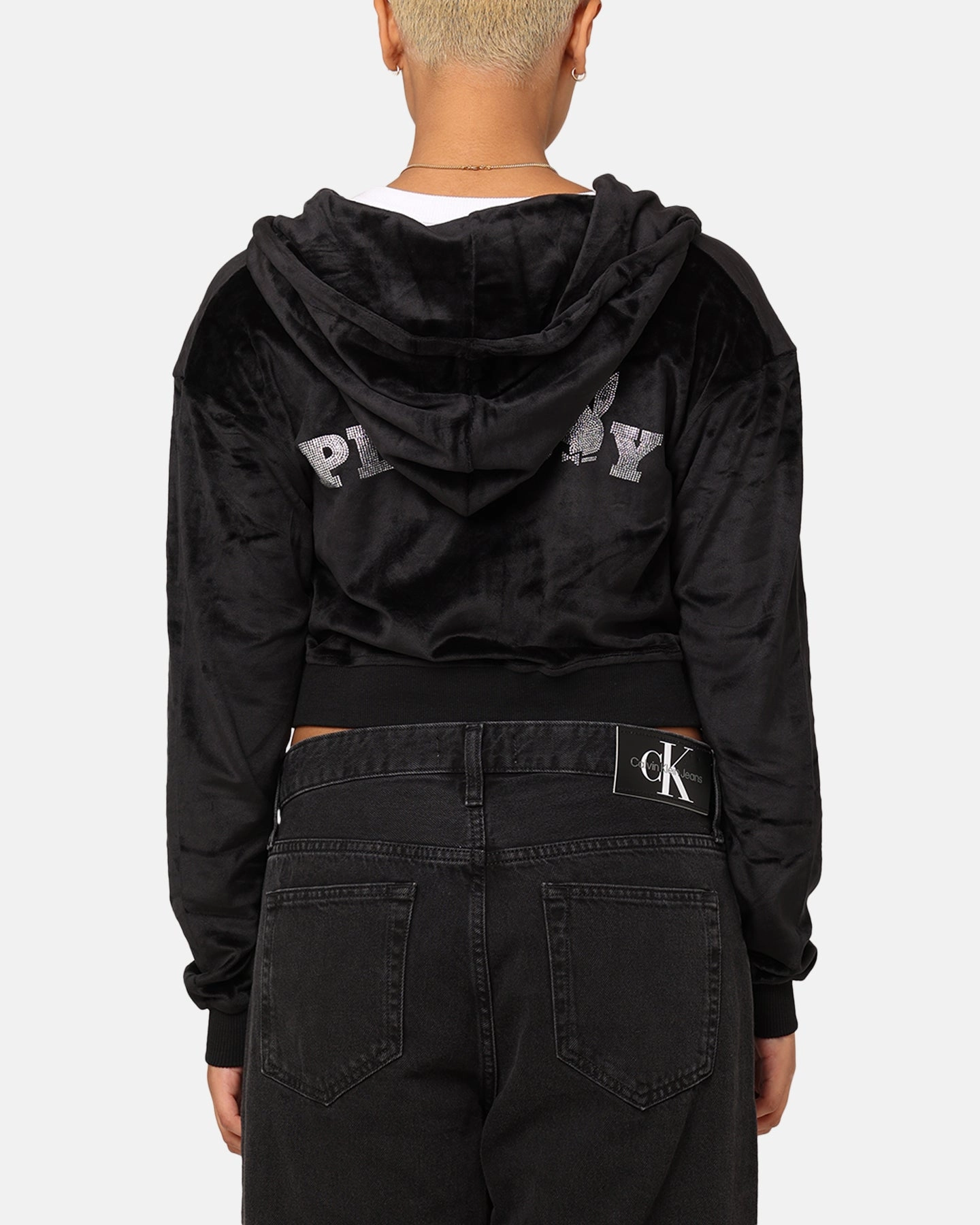 Laser Cut Perforations Playboy Women's Bunny O Velour Jacket Black