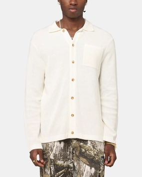 XXIII Zyair Knit Rib Long Sleeve Button Up Shirt Cream Reinforced Elbow Patches