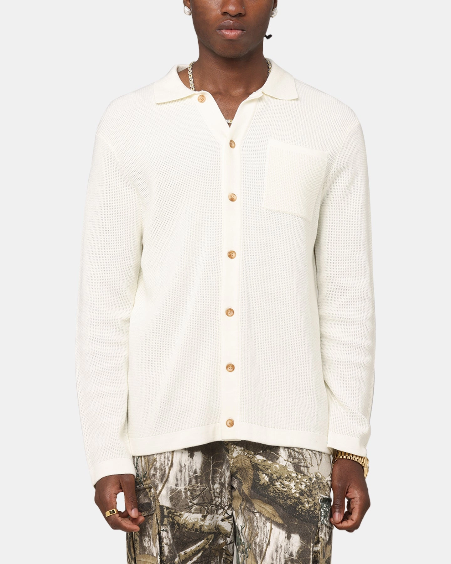 XXIII Zyair Knit Rib Long Sleeve Button Up Shirt Cream Reinforced Elbow Patches