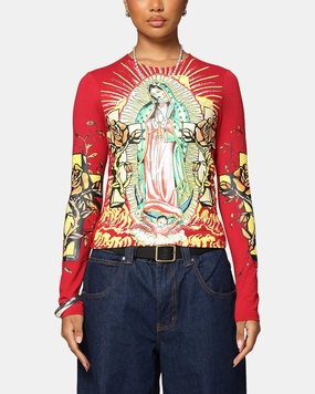 Ed Hardy Women's Divine Long Sleeve T-Shirt Red Trendy Piece