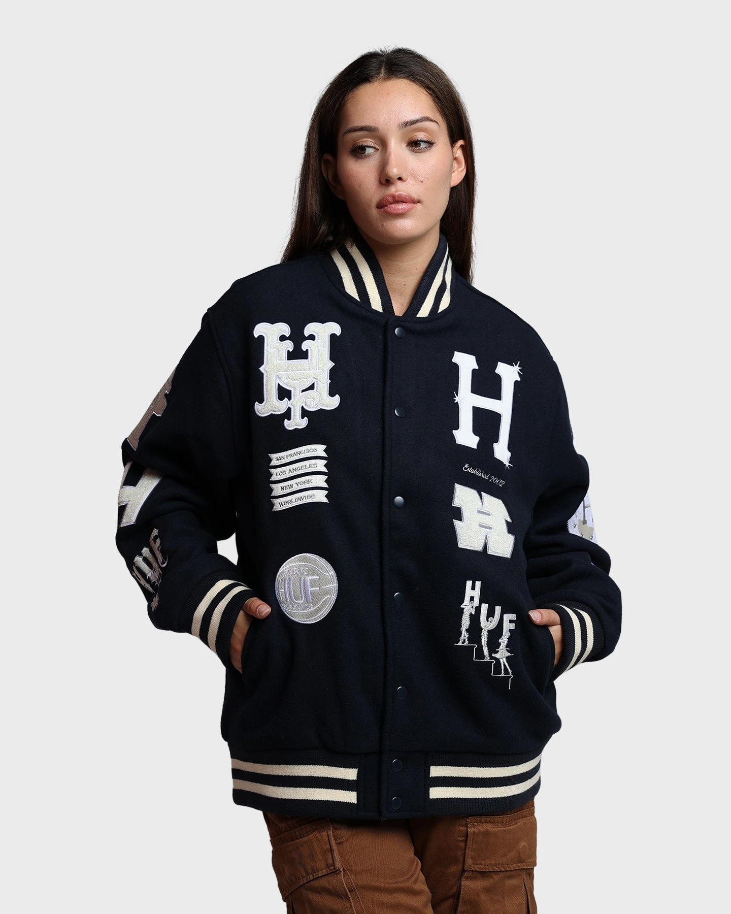 Purple DoubleReinforced Zipper HUF 20 Year Classic H Varsity Jacket Navy
