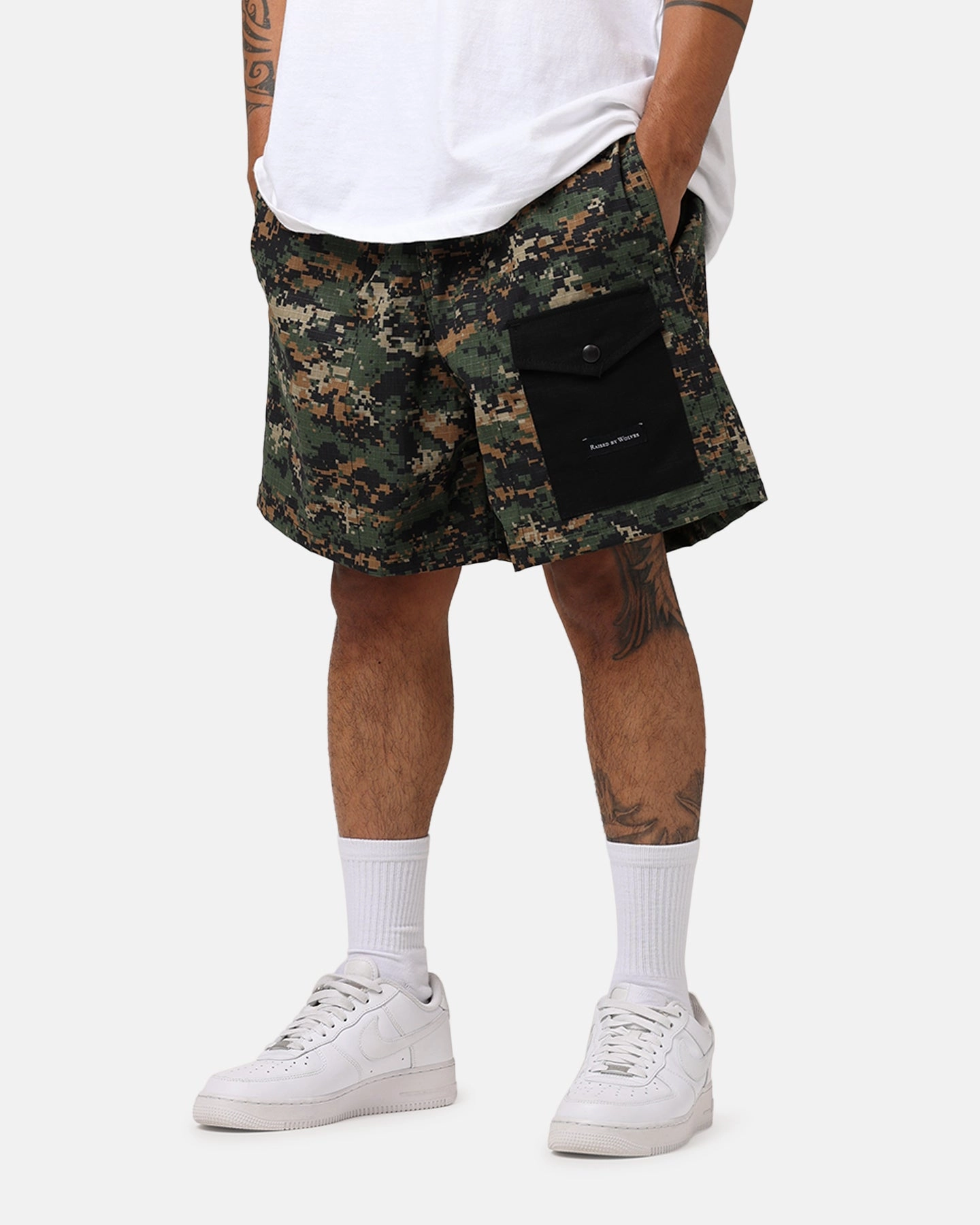 Raised By Wolves Barbarian Ripstop Camp Shorts Green Digi Camo skateboarding gear Lightweight Weave