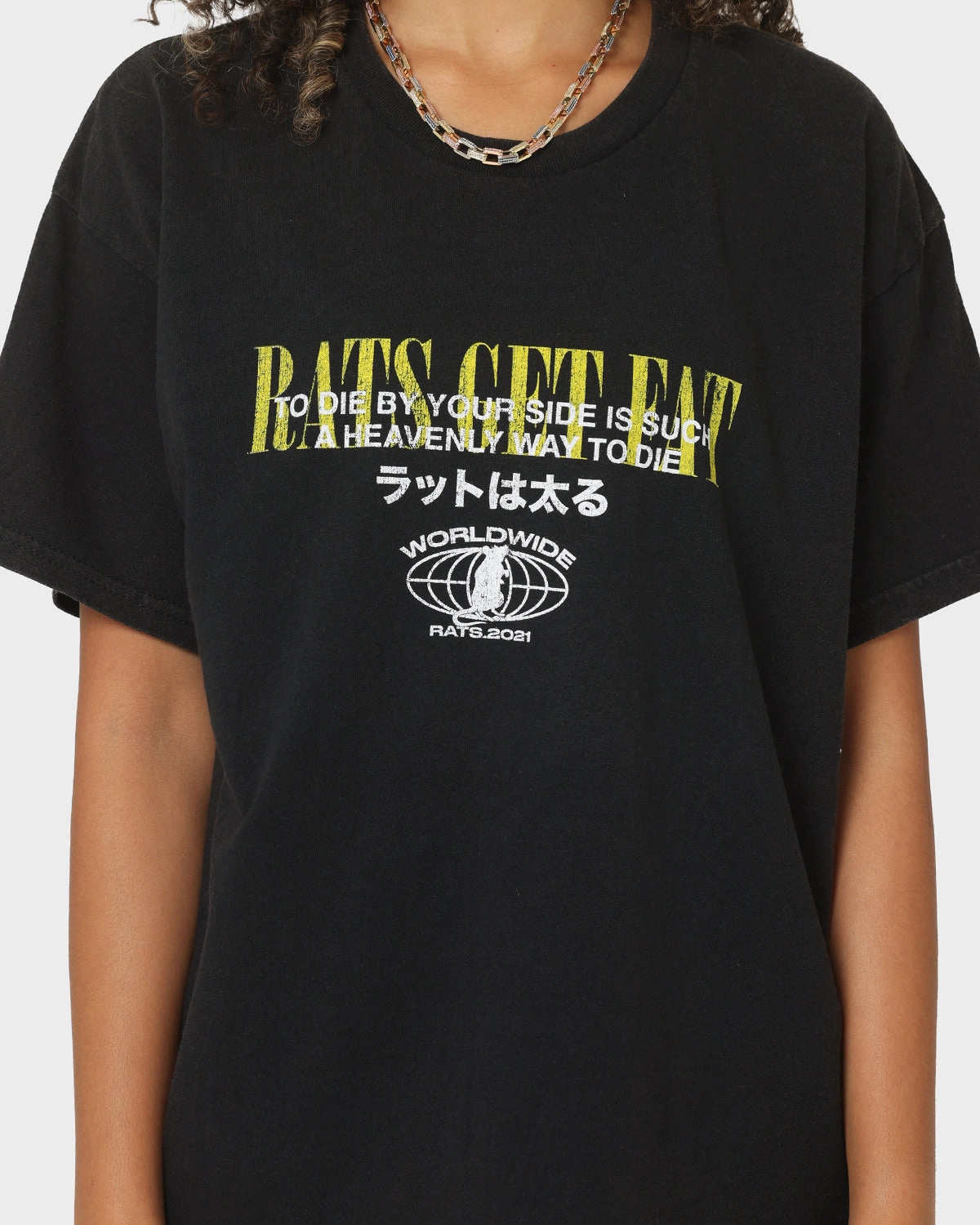 Everyday Layering Lightweight Comfort Rats Get Fat By Your Side Vintage T-Shirt Black Wash
