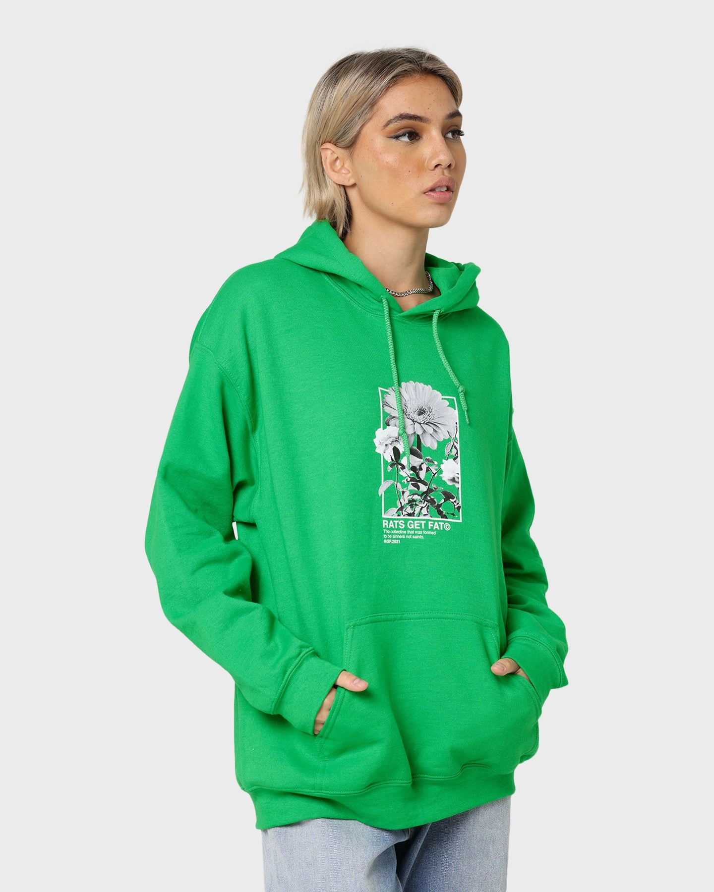 middle aged people suitable for school uniforms Rats Get Fat Paint Flower Hoodie Green