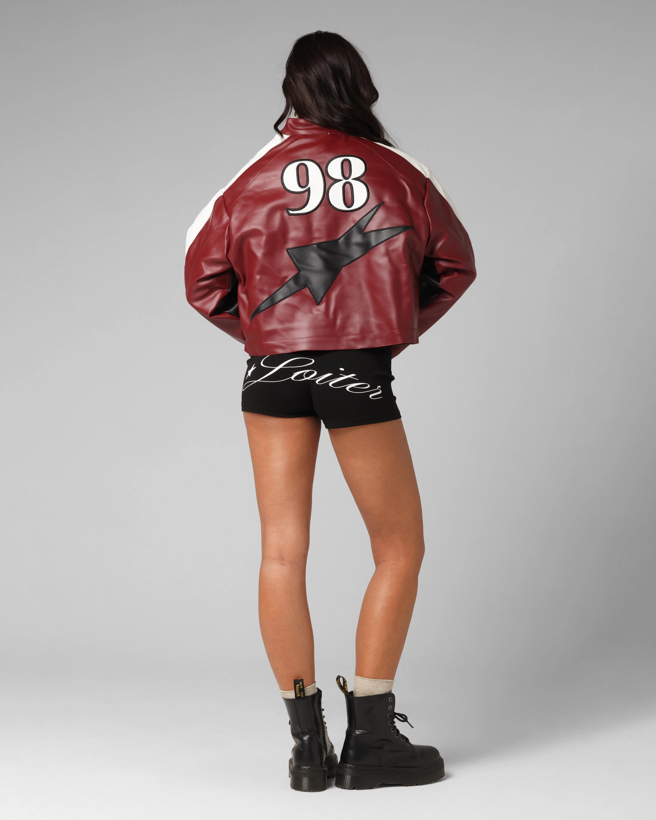 Loiter Women's Engine Cropped Vegan Leather Jacket Red Outdoor Shield Adjustable Hem