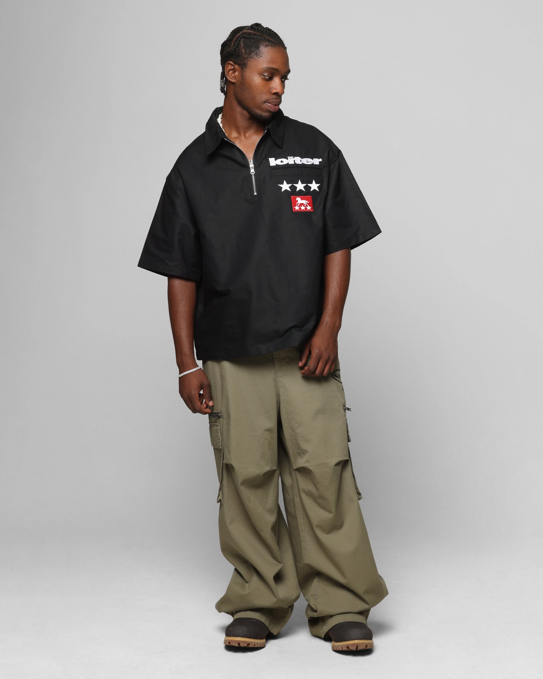 Neutral Shade Bold Graphics Loiter Rodeo Quarter Zip Up Shirt Black