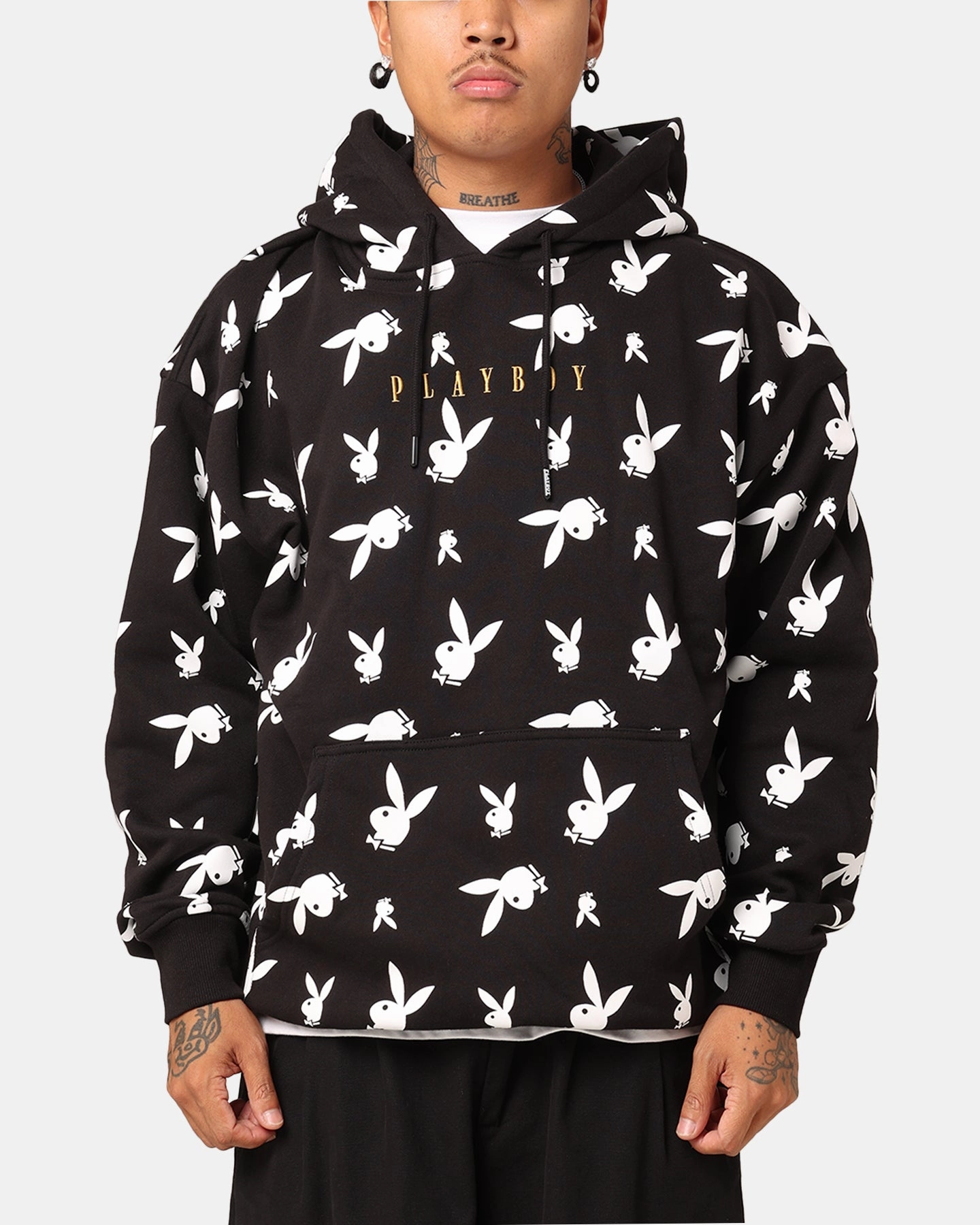 astronauts Playboy Gold Bunny All Over Hoodie Black