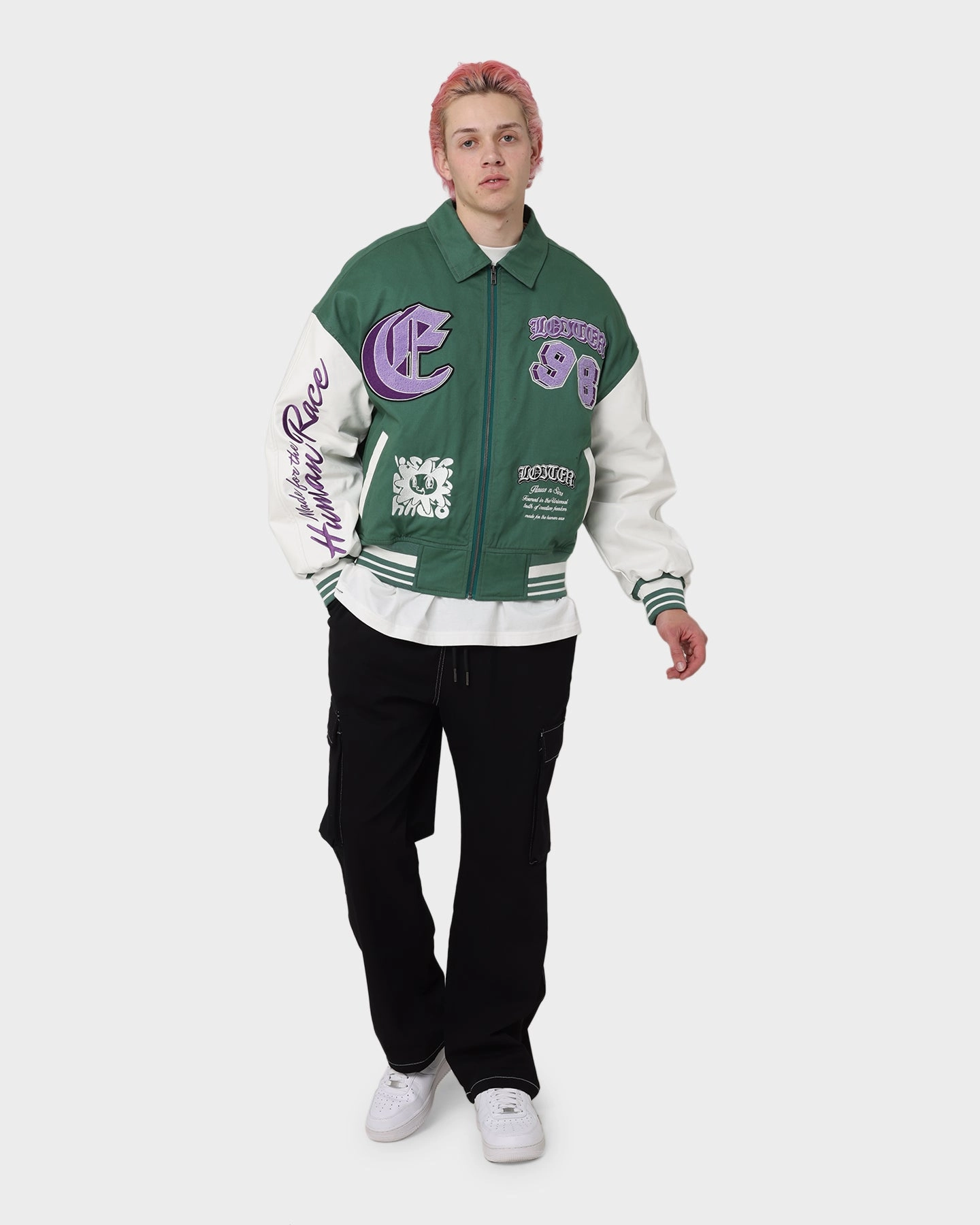 Casual Outdoor Layer suitable for video shooting Loiter Ethereal Varsity Jacket Green