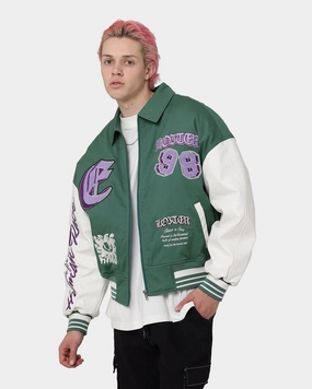 Button Closure Loiter Ethereal Varsity Jacket Green